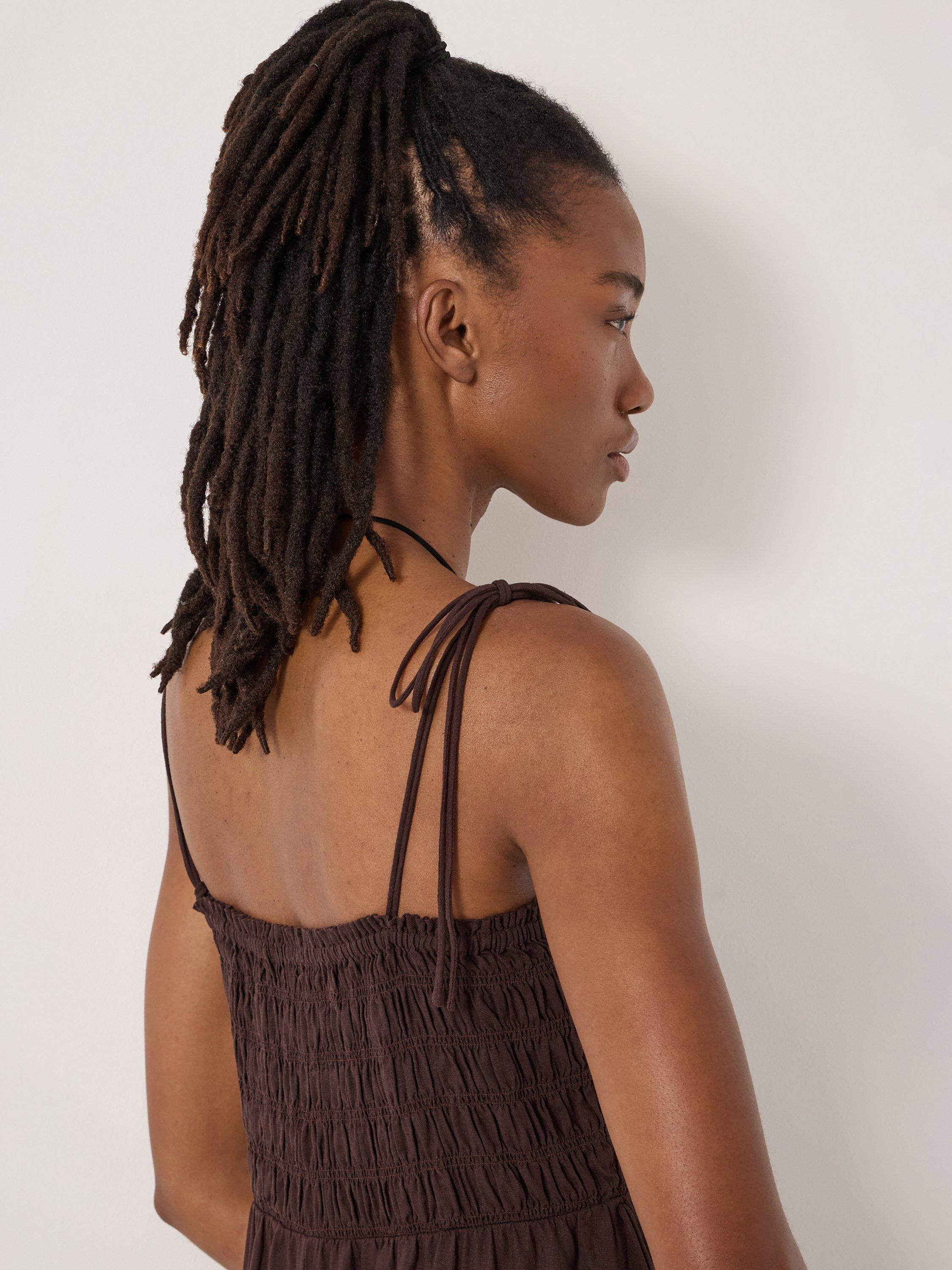 Product image 6 of 6, which shows HUSH Leni Shirred Linen Beach Dress , Dark Brown, L-XL