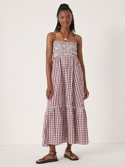 HUSH Leni Shirred Gingham Beach Dress, Maroon Red/White