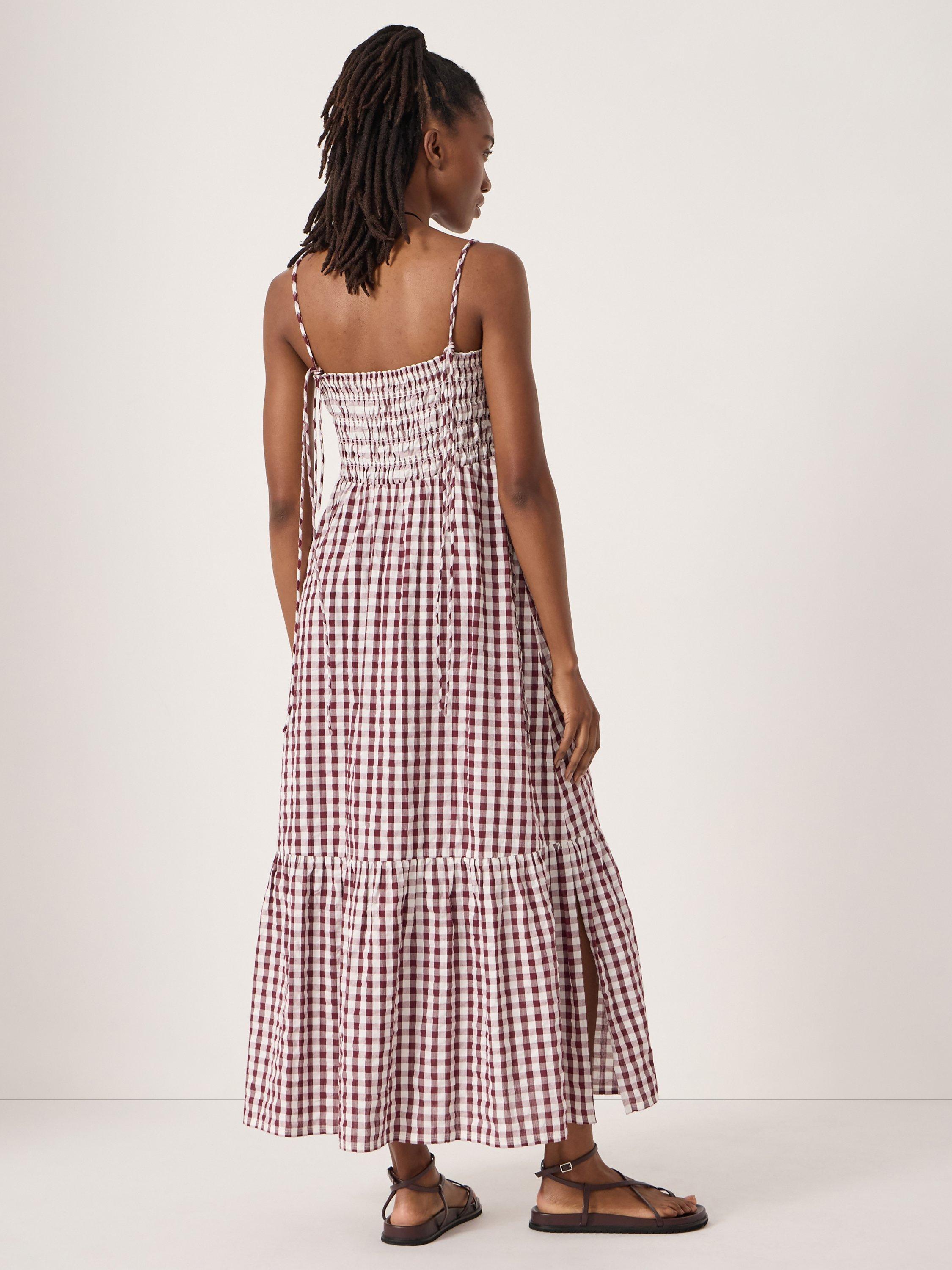 Product image 2 of 5, which shows HUSH Leni Shirred Gingham Beach Dress, Maroon Red/White, L-XL