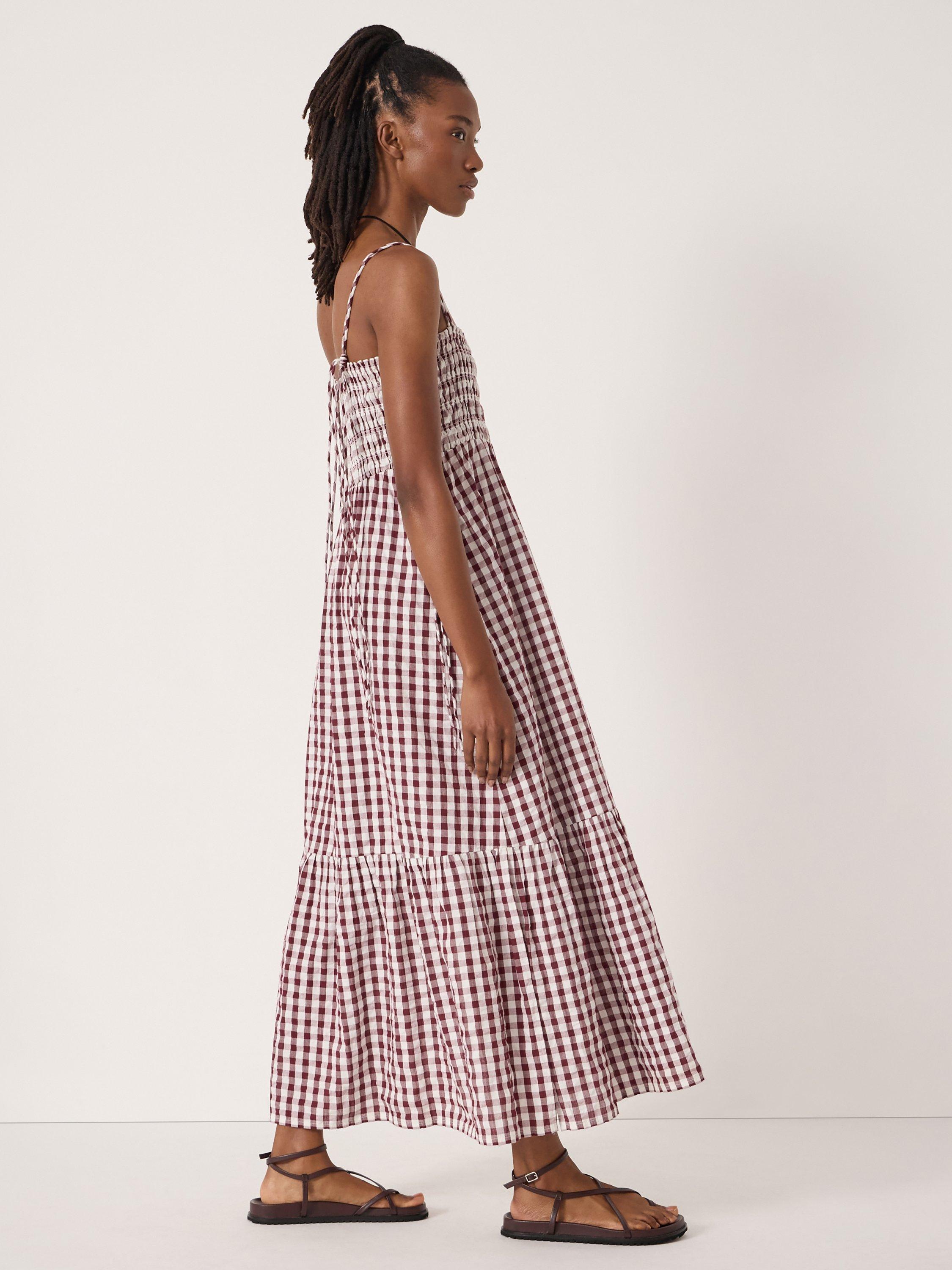 Product image 3 of 5, which shows HUSH Leni Shirred Gingham Beach Dress, Maroon Red/White, L-XL