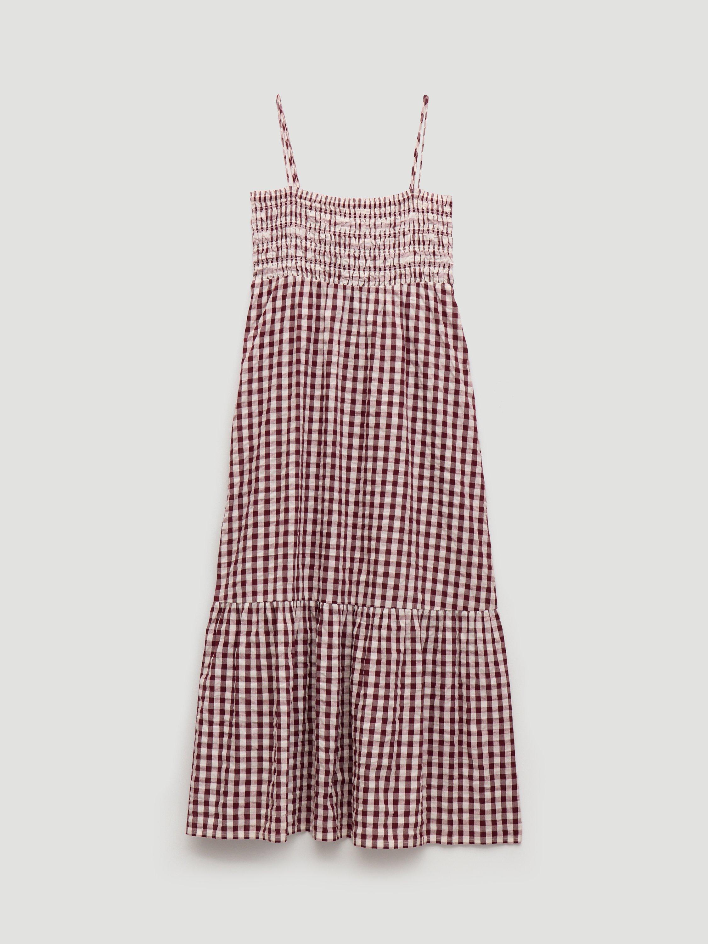 Product image 4 of 5, which shows HUSH Leni Shirred Gingham Beach Dress, Maroon Red/White, L-XL