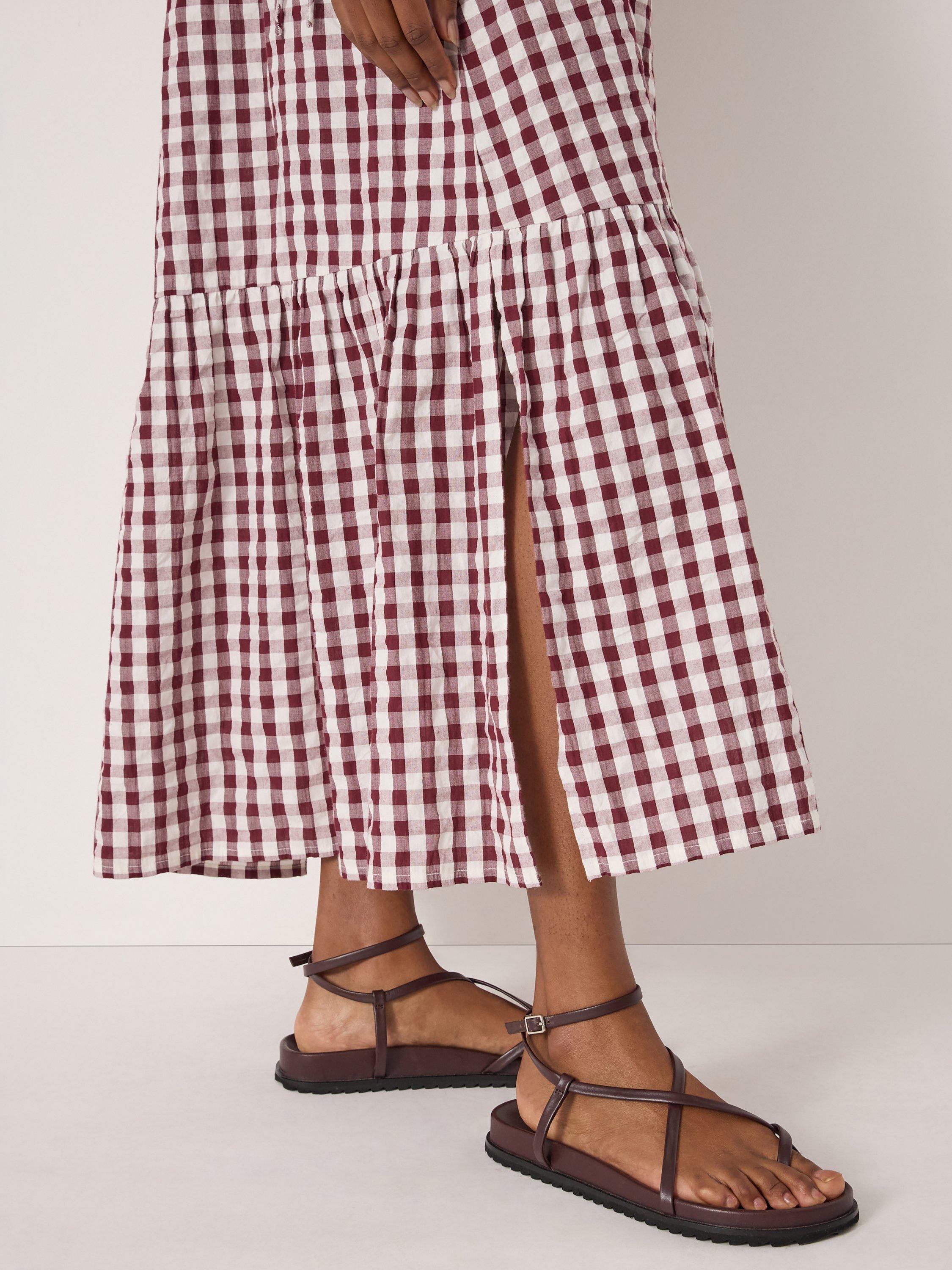 Product image 5 of 5, which shows HUSH Leni Shirred Gingham Beach Dress, Maroon Red/White, L-XL