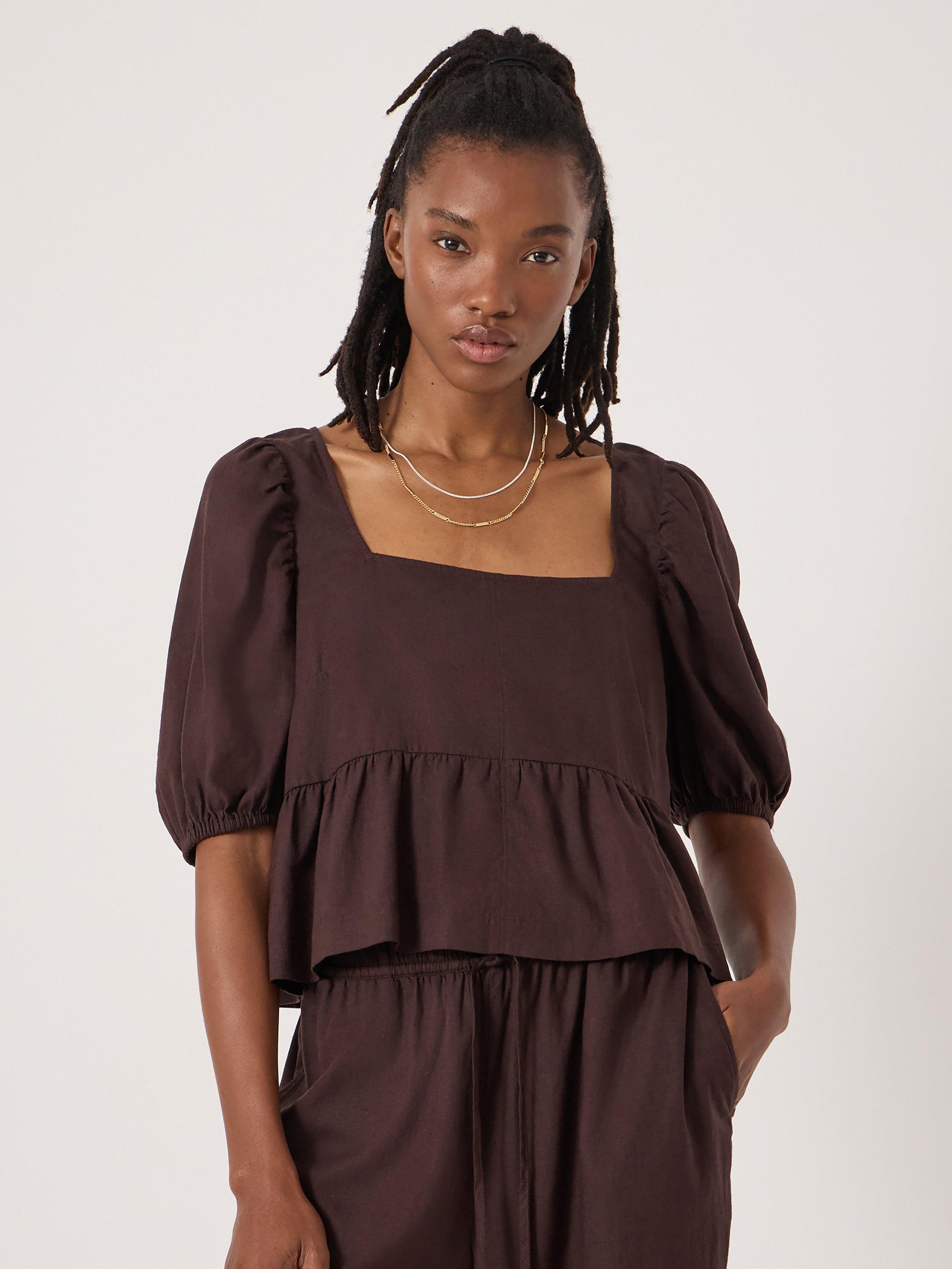Product image 1 of 5, which shows HUSH Alva Beach Linen Rich Top, Dark Brown, L-XL