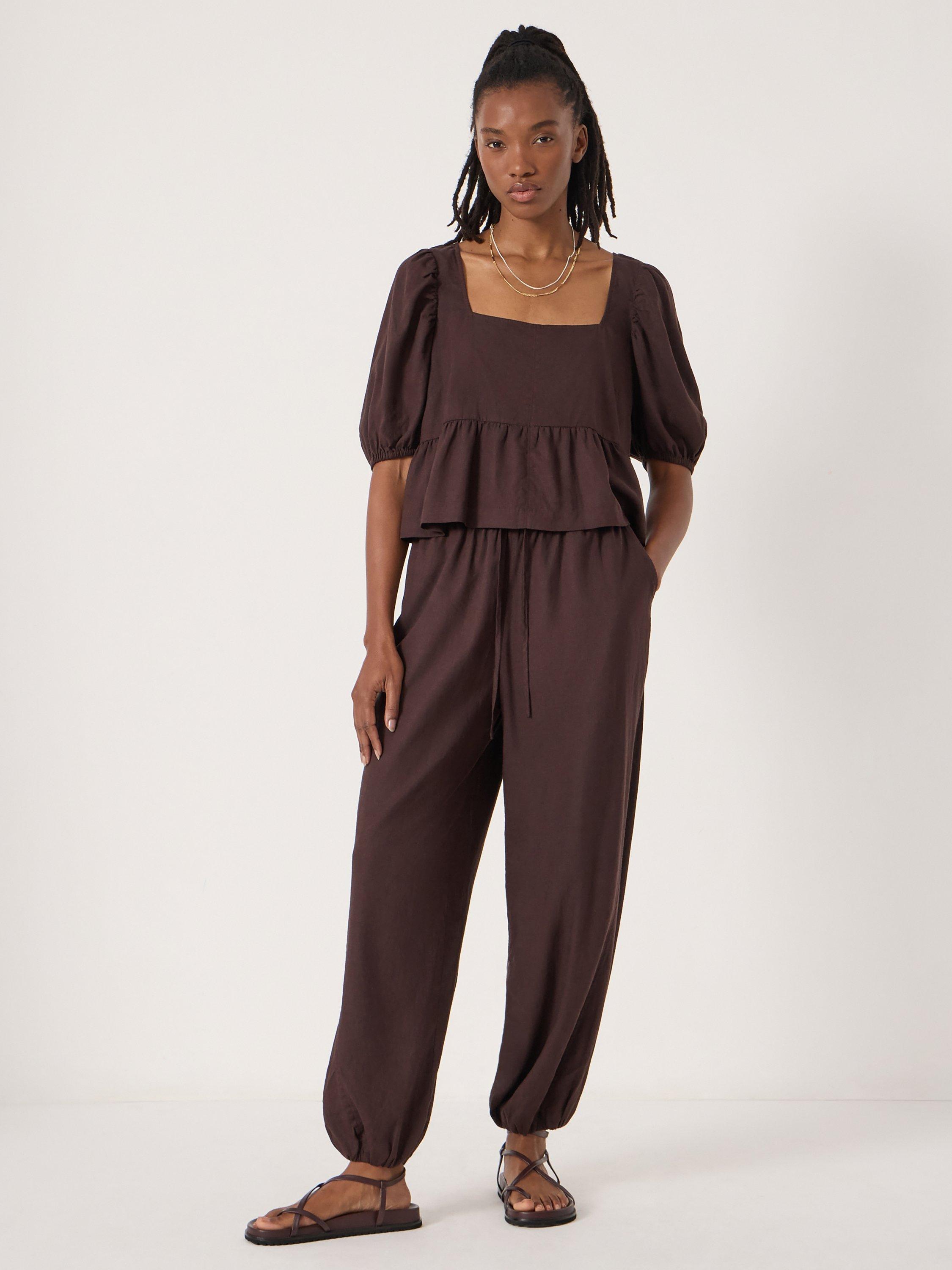 Product image 2 of 5, which shows HUSH Alva Beach Linen Rich Top, Dark Brown, L-XL