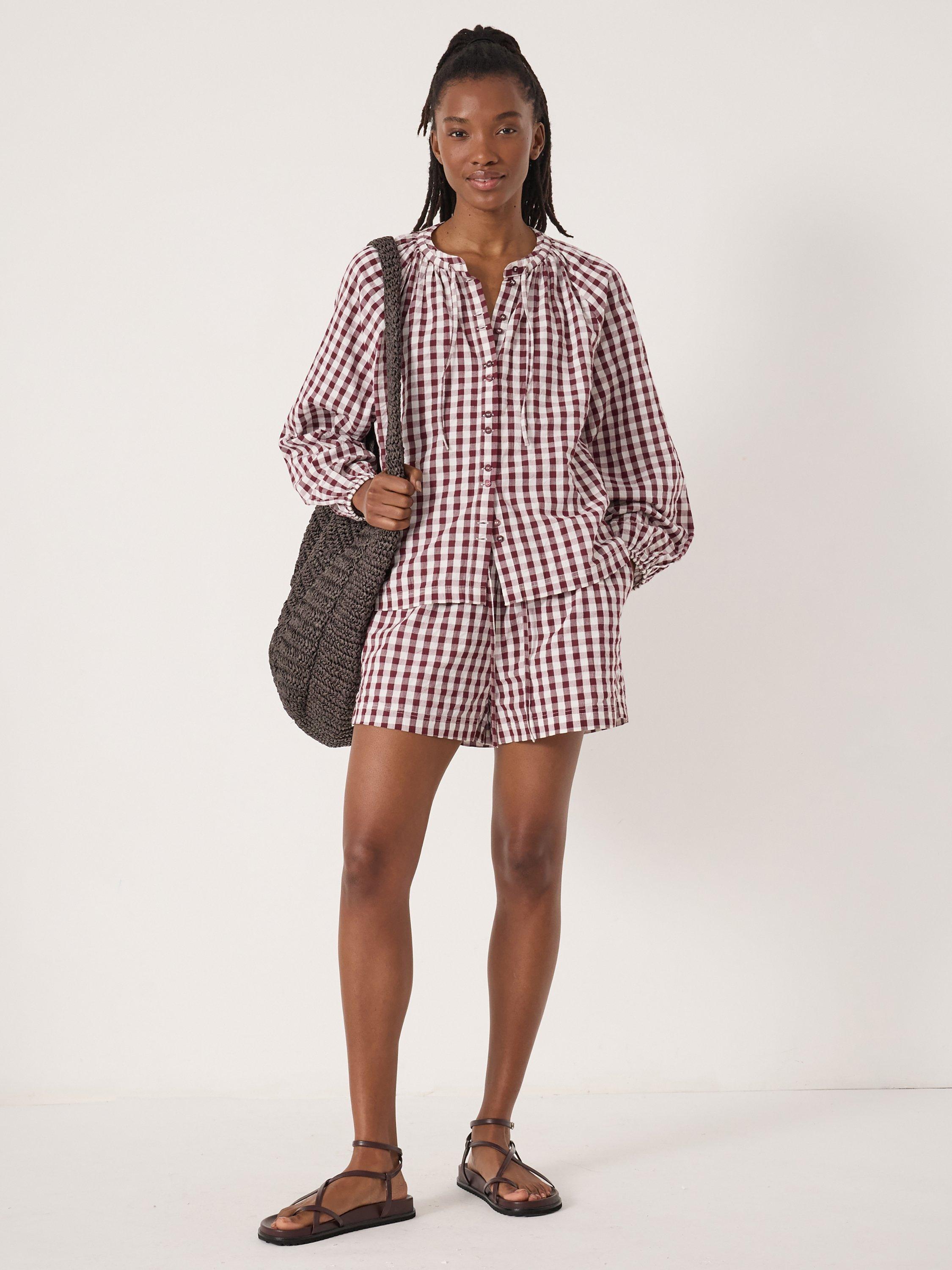 Product image 1 of 5, which shows HUSH Ernie Gathered Gingham Beach Shorts, Maroon Red & White, L-XL