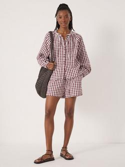 HUSH Ernie Gathered Gingham Beach Shorts, Maroon Red & White