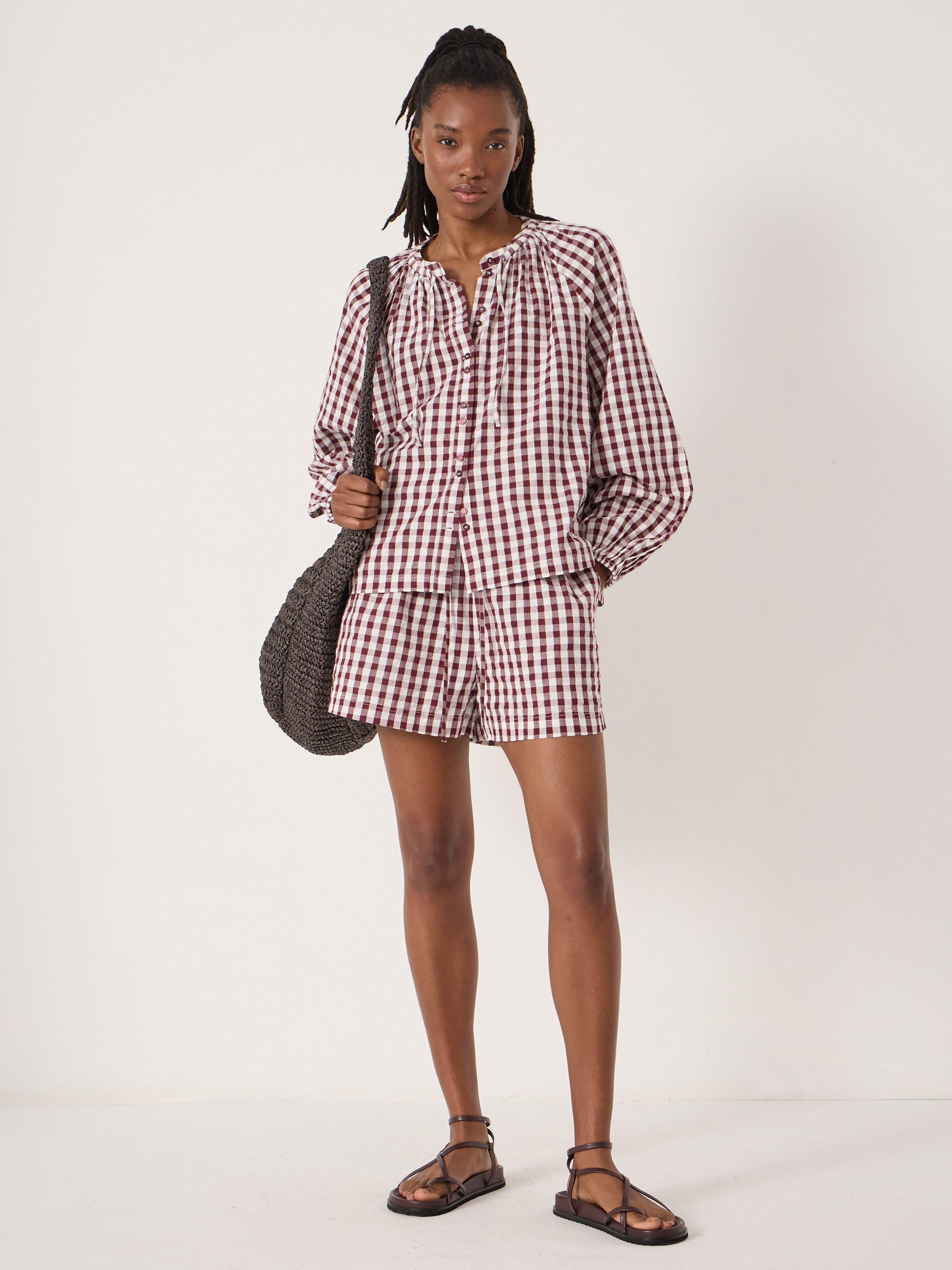 Product image 2 of 5, which shows HUSH Ernie Gathered Gingham Beach Shorts, Maroon Red & White, L-XL