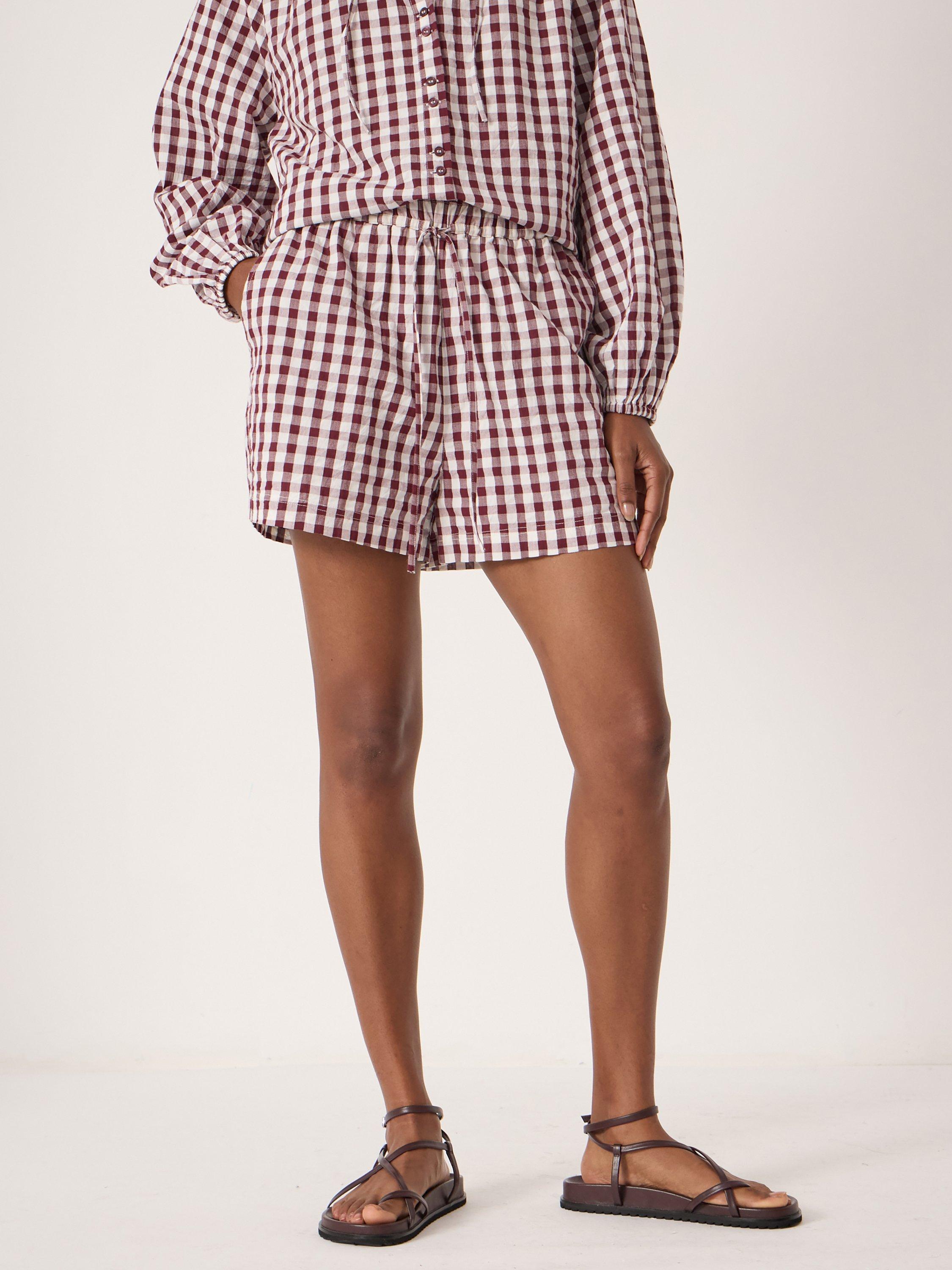 Product image 3 of 5, which shows HUSH Ernie Gathered Gingham Beach Shorts, Maroon Red & White, L-XL