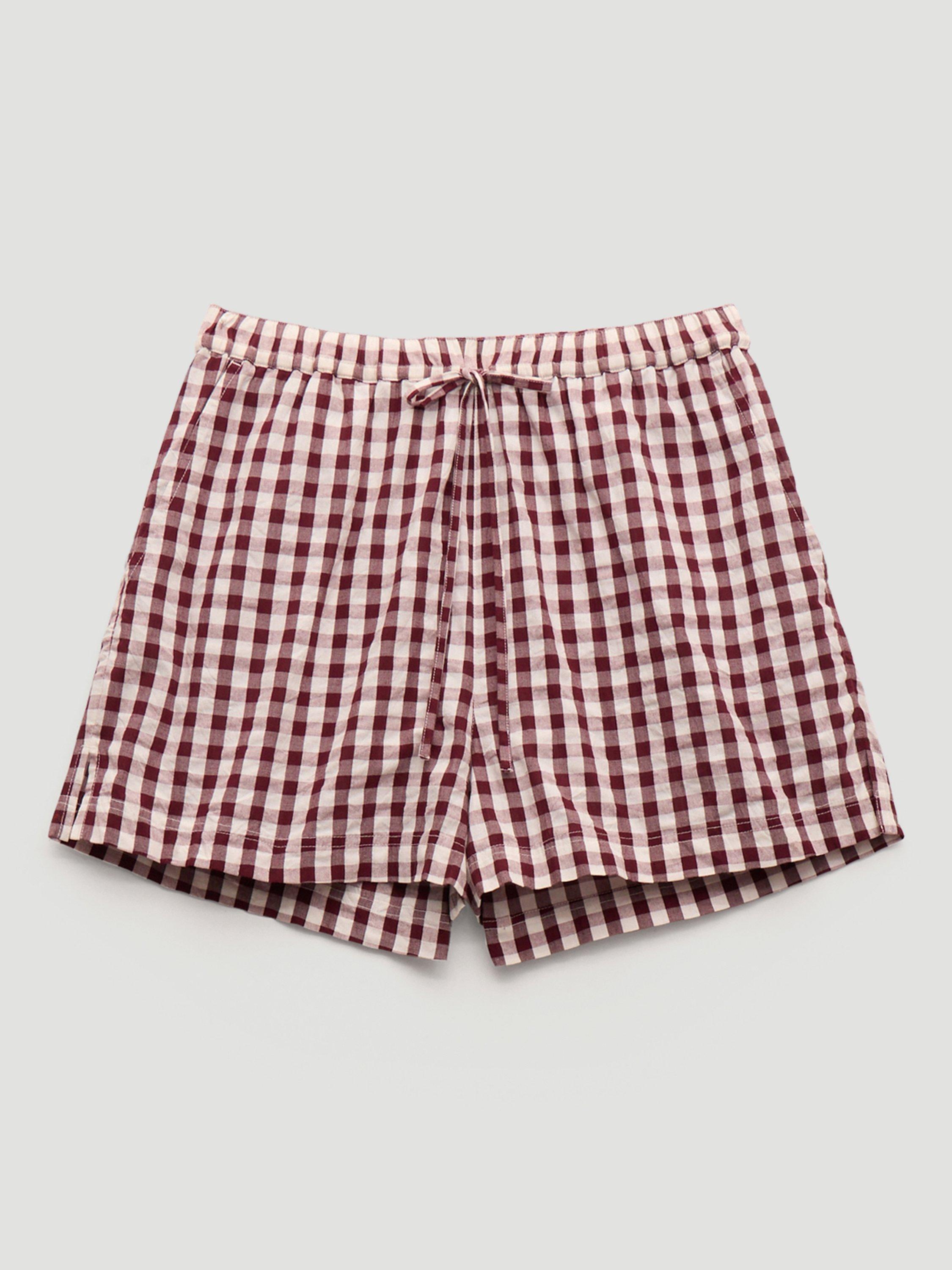 Product image 4 of 5, which shows HUSH Ernie Gathered Gingham Beach Shorts, Maroon Red & White, L-XL