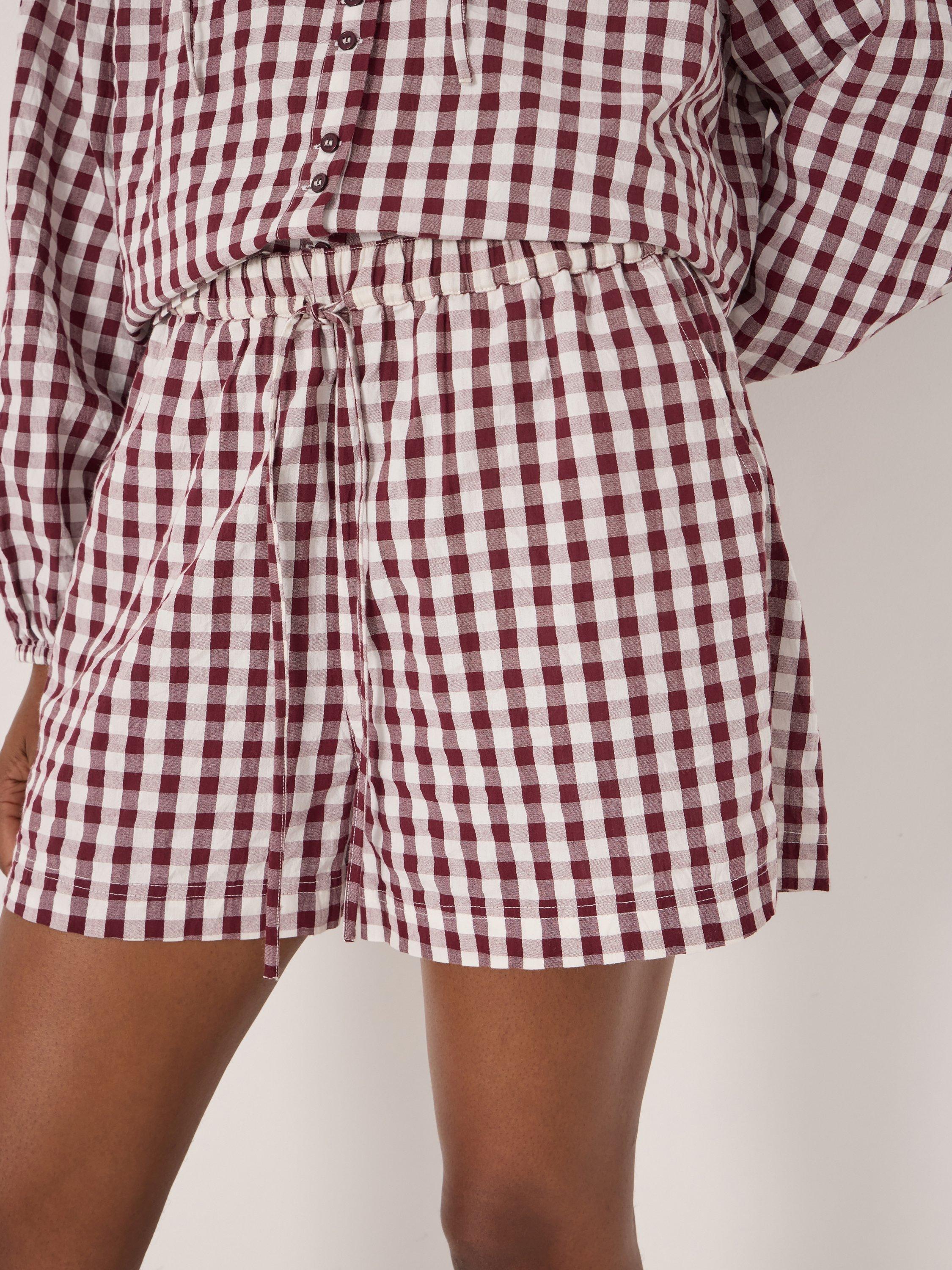 Product image 5 of 5, which shows HUSH Ernie Gathered Gingham Beach Shorts, Maroon Red & White, L-XL