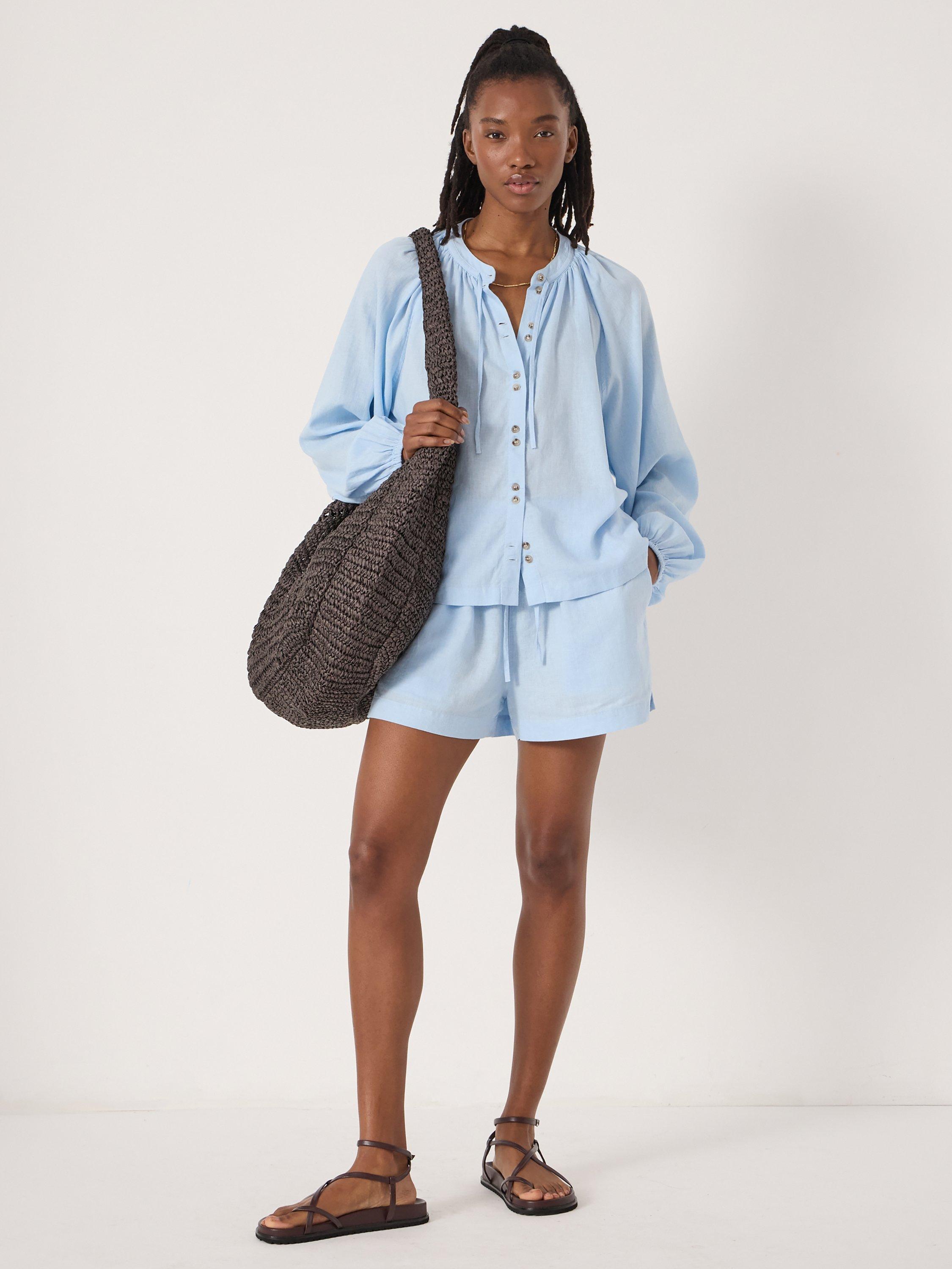 Product image 1 of 5, which shows HUSH Ernie Gathered Linen Beach Shorts, Pale Blue, L-XL