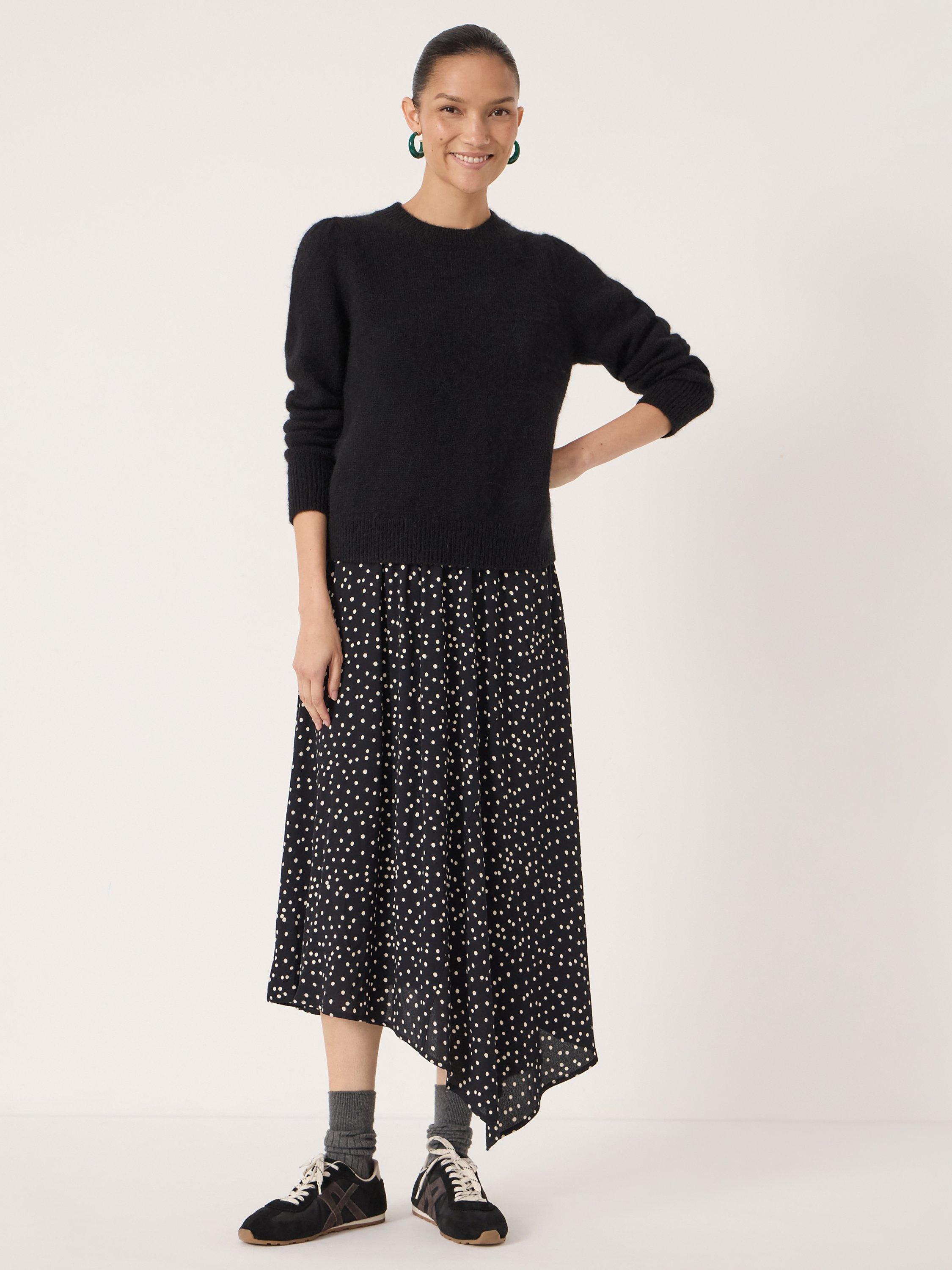 Product image 2 of 6, which shows HUSH Cesca Polka Dot Asymmetric Skirt, Black/White, L-XL