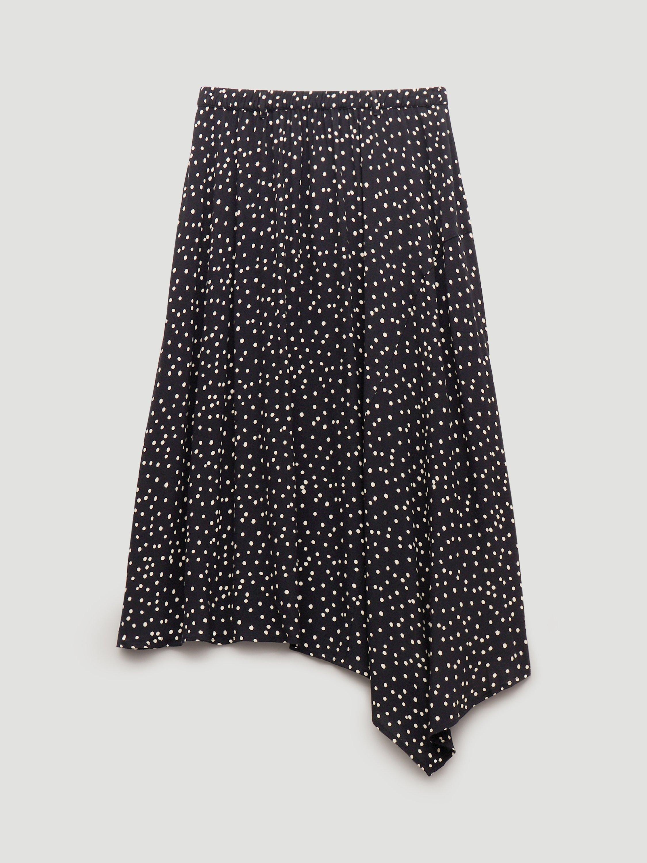 Product image 4 of 6, which shows HUSH Cesca Polka Dot Asymmetric Skirt, Black/White, L-XL
