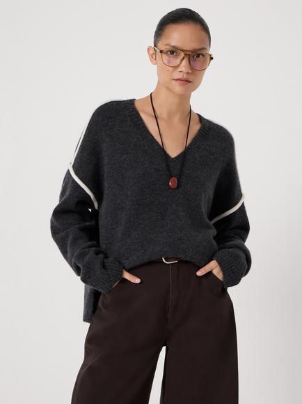 HUSH Billie Contrast Stitch Wool Blend Jumper, Charcoal Marl - view 2, Charcoal Marl