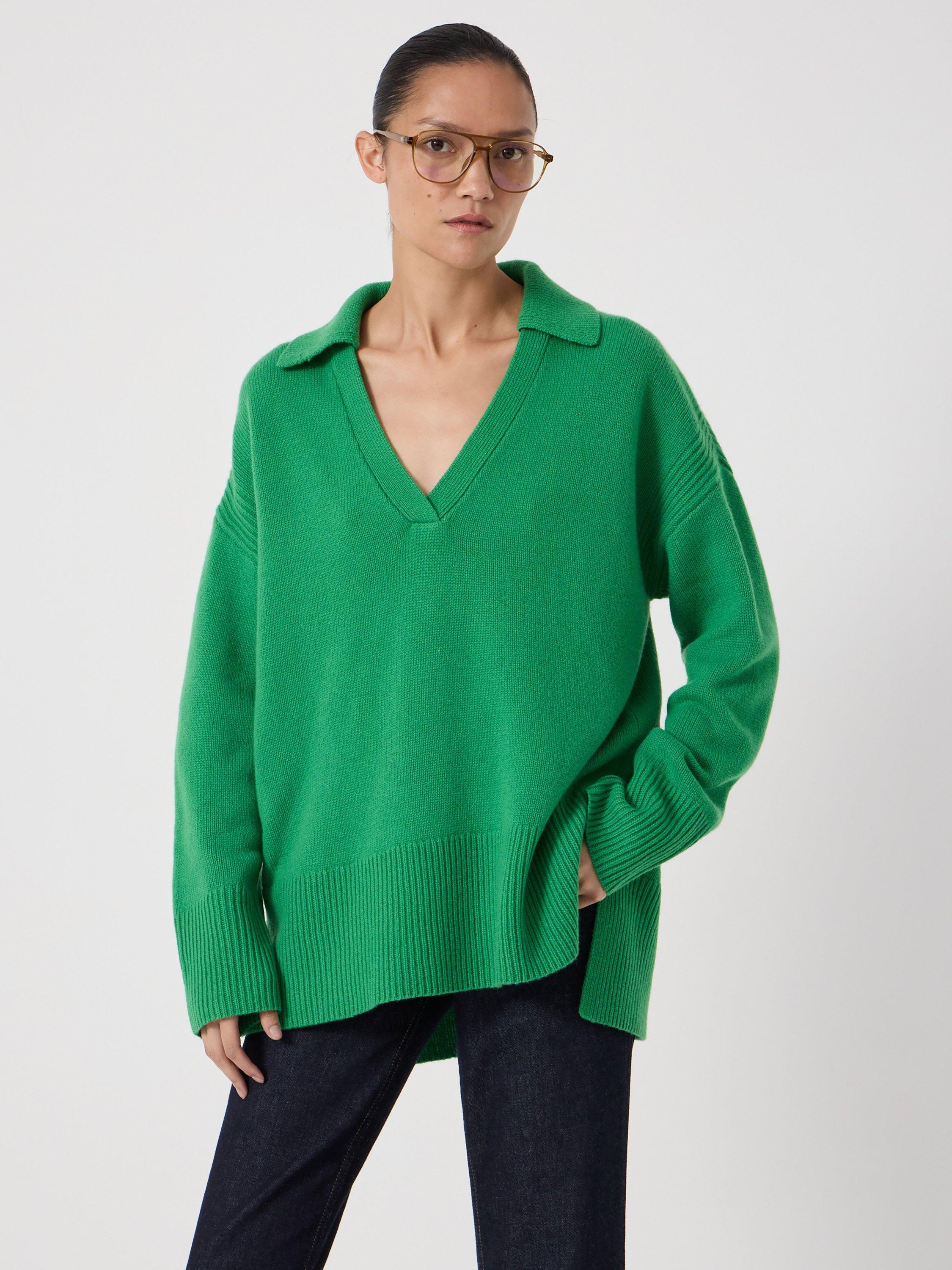 Product image 1 of 5, which shows HUSH Carys Collared Pure Wool Jumper, Bright Green, L-XL