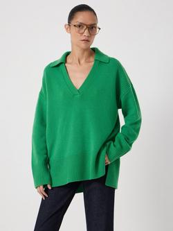 HUSH Carys Collared Pure Wool Jumper, Stone White, Bright Green
