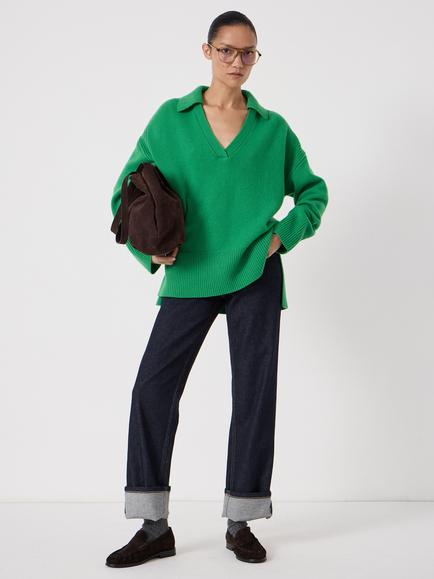 HUSH Carys Collared Pure Wool Jumper, Stone White - view 2, Bright Green