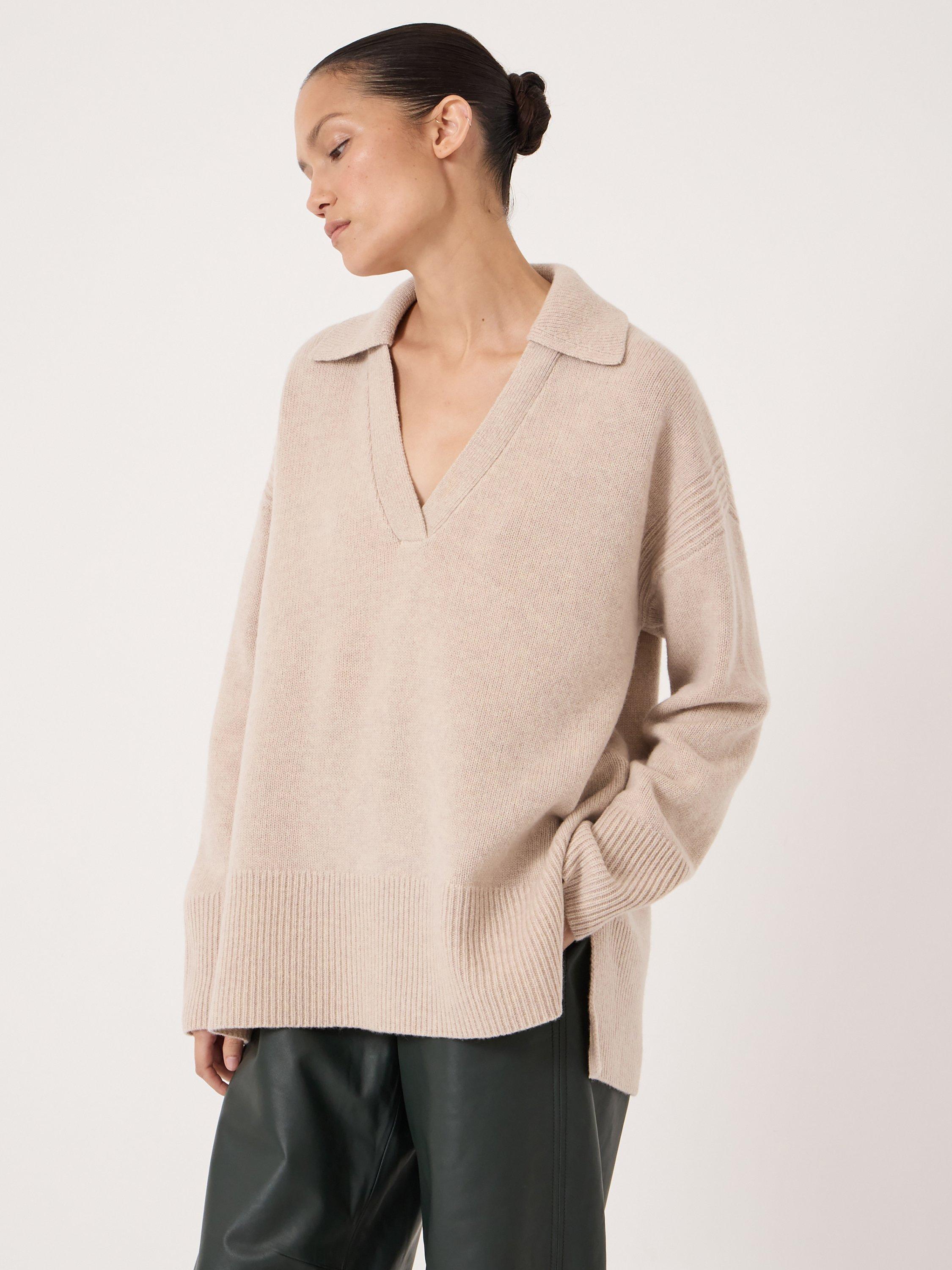 Product image 1 of 6, which shows HUSH Carys Collared Pure Wool Jumper, Stone White, XS-S