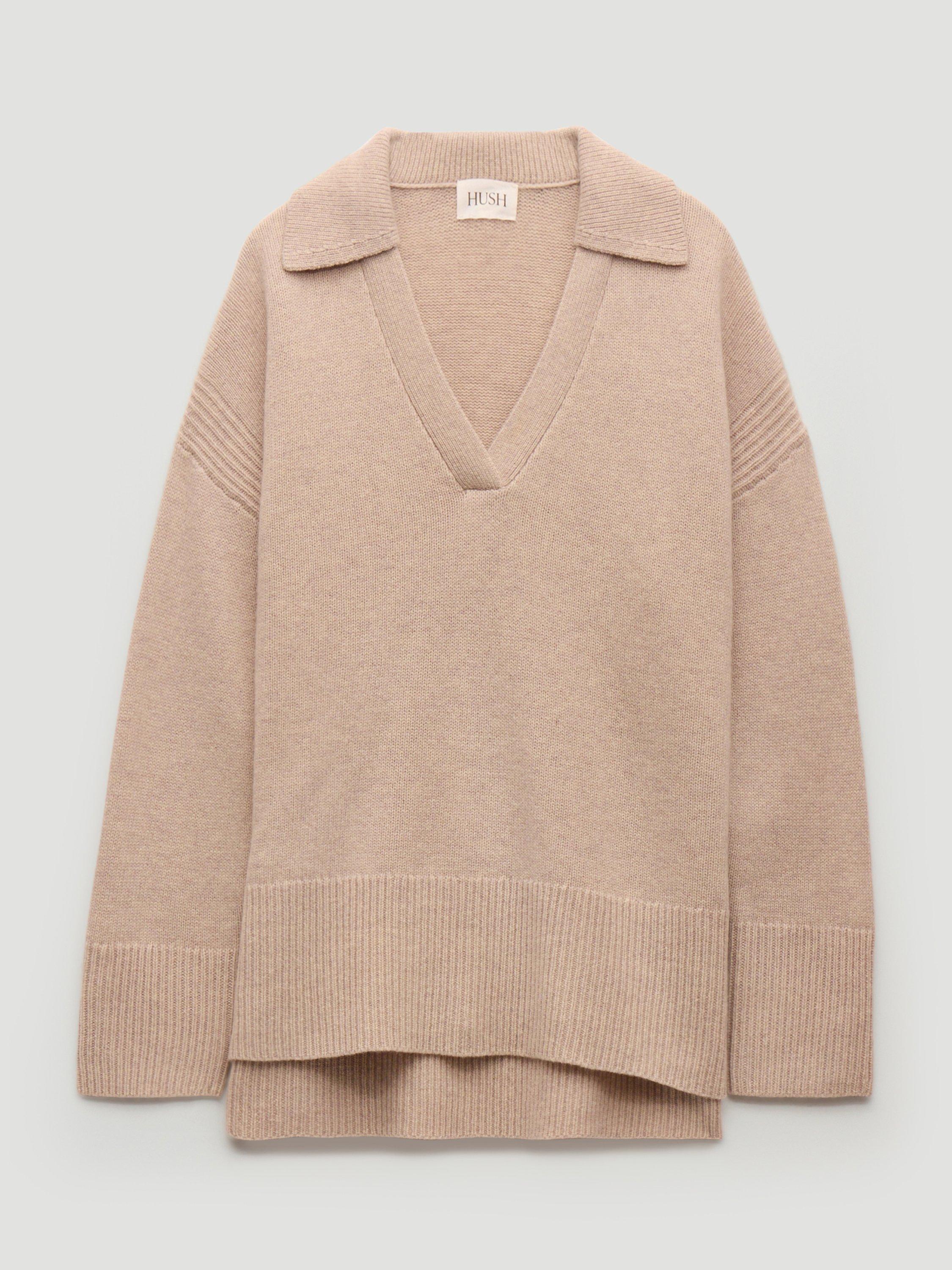 Product image 4 of 6, which shows HUSH Carys Collared Pure Wool Jumper, Stone White, XS-S