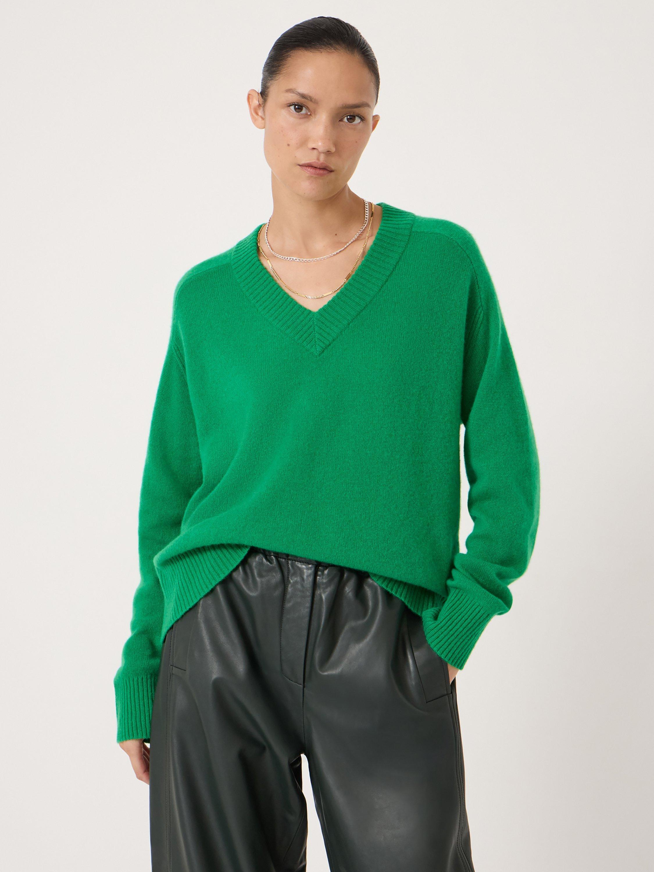 Product image 2 of 5, which shows HUSH Colette V-Neck Cashmere Rich Jumper, Bright Green, L-XL