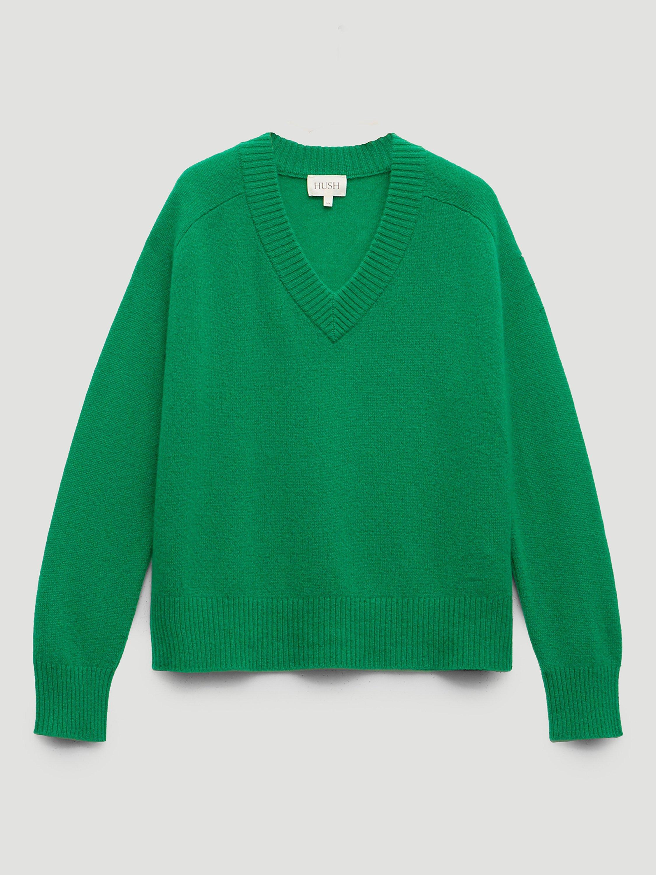 Product image 4 of 5, which shows HUSH Colette V-Neck Cashmere Rich Jumper, Bright Green, L-XL