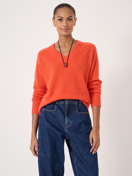 HUSH Colette V-Neck Cashmere Rich Jumper, Orange Red