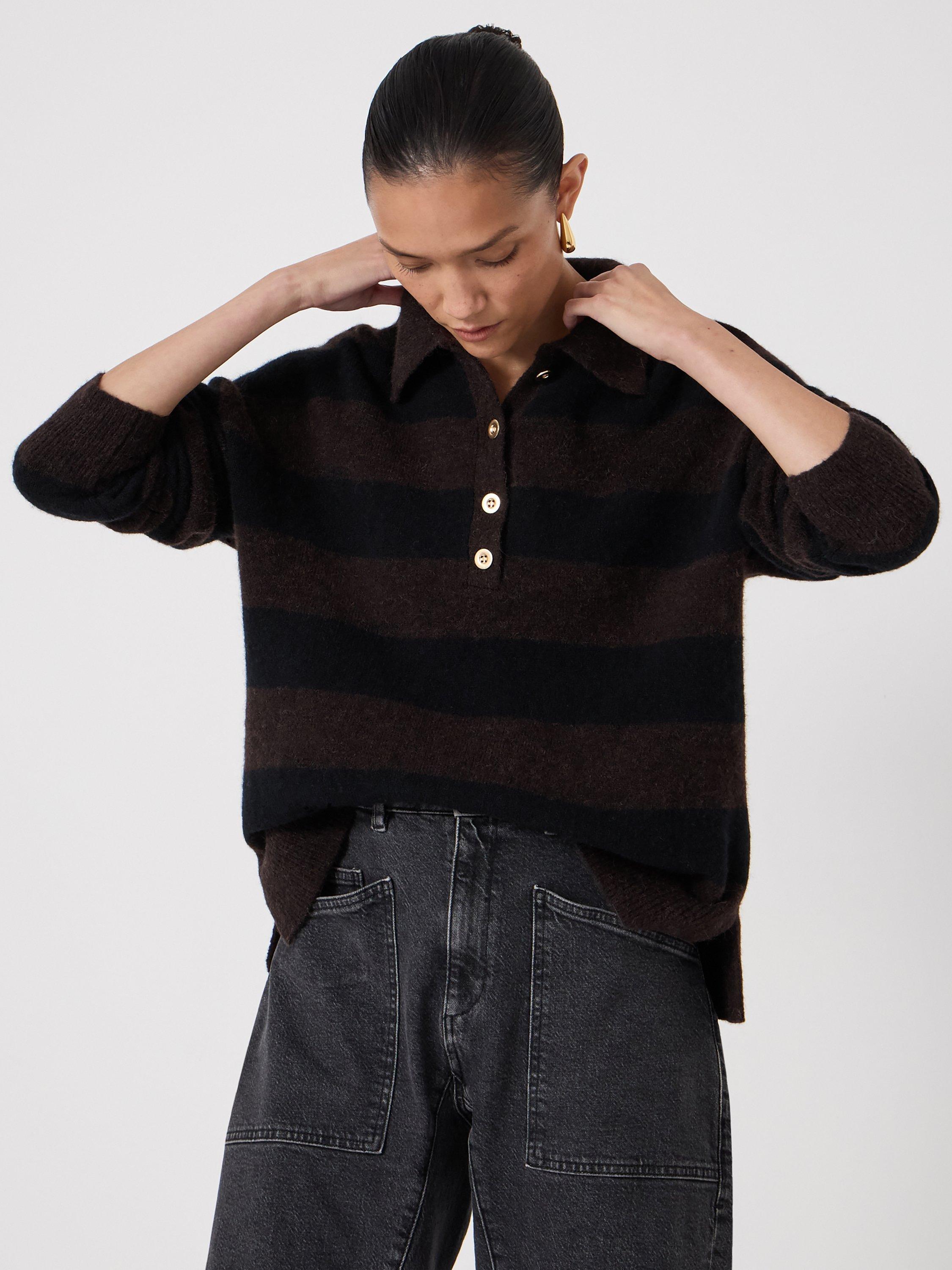 Product image 1 of 5, which shows HUSH Drew Wool Rich Rugby Jumper, Dark Brown, L-XL