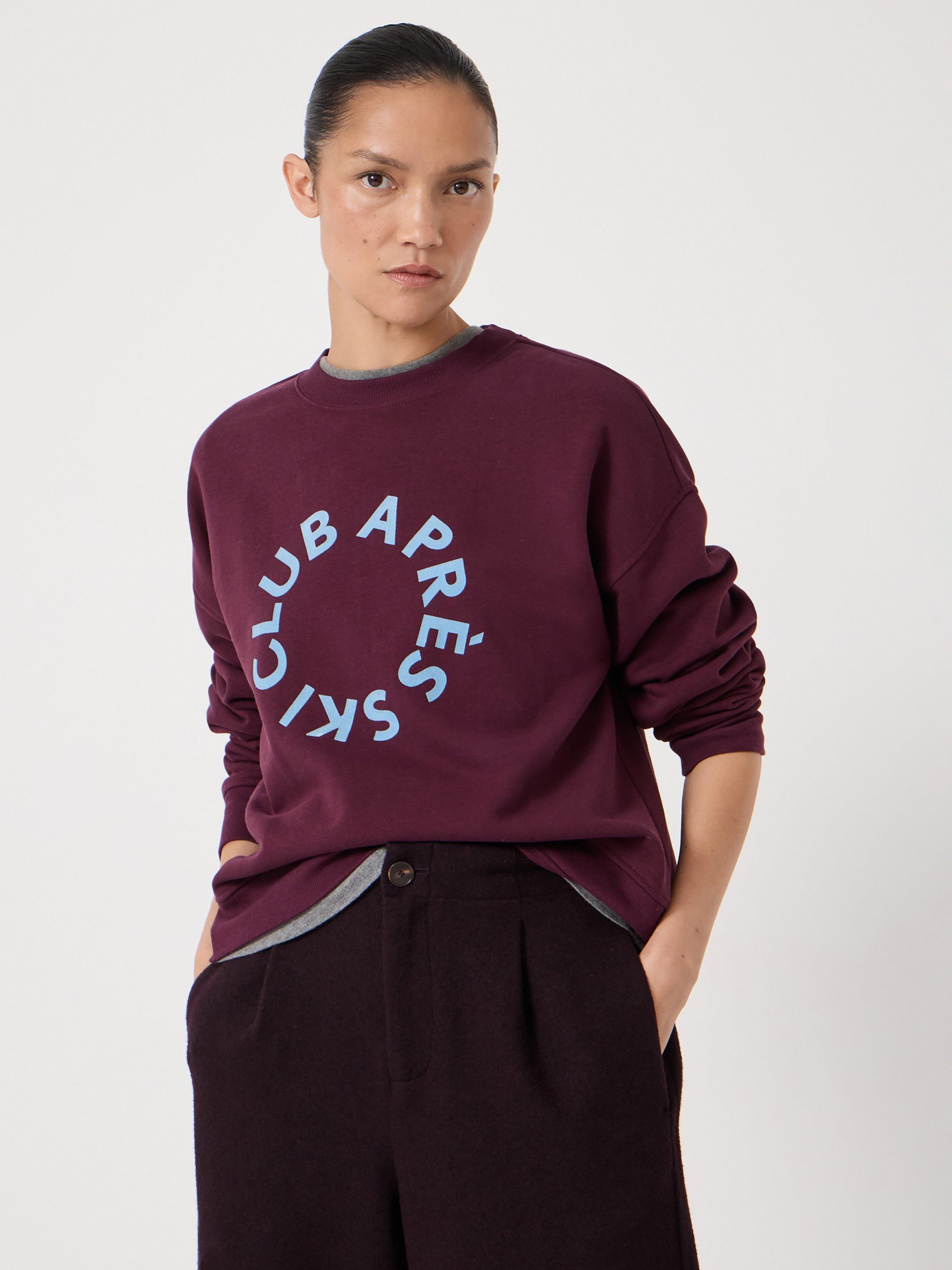 Product image 1 of 5, which shows HUSH Après Ski Club Graphic Sweatshirt, Dark Wine Red, L-XL