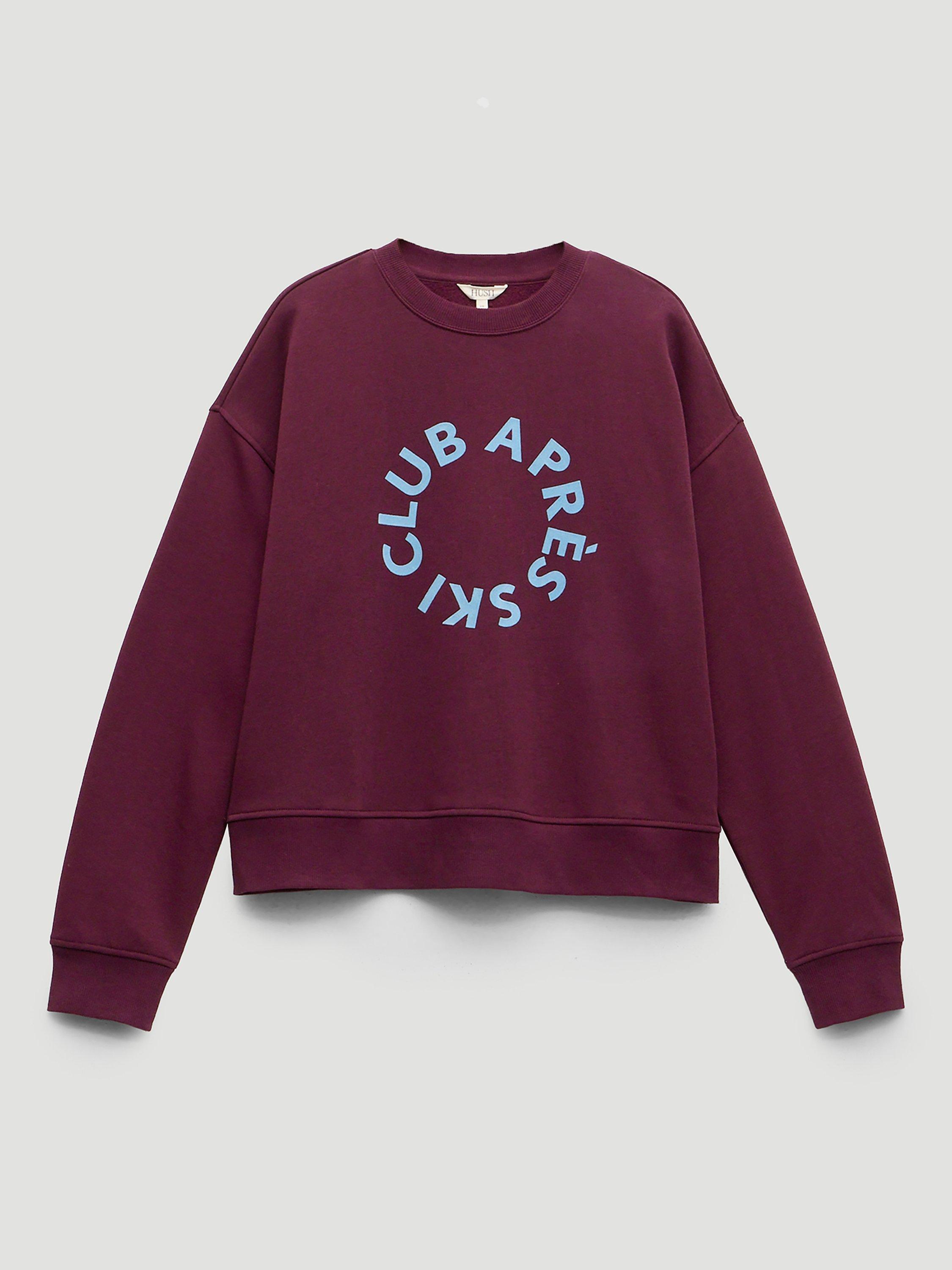 Product image 4 of 5, which shows HUSH Après Ski Club Graphic Sweatshirt, Dark Wine Red, L-XL