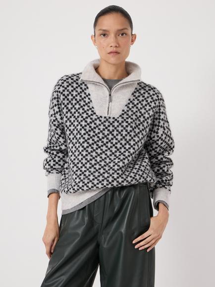 HUSH Juno Quarter Zip Mono Wool Jacquard Jumper, Light Grey Marl