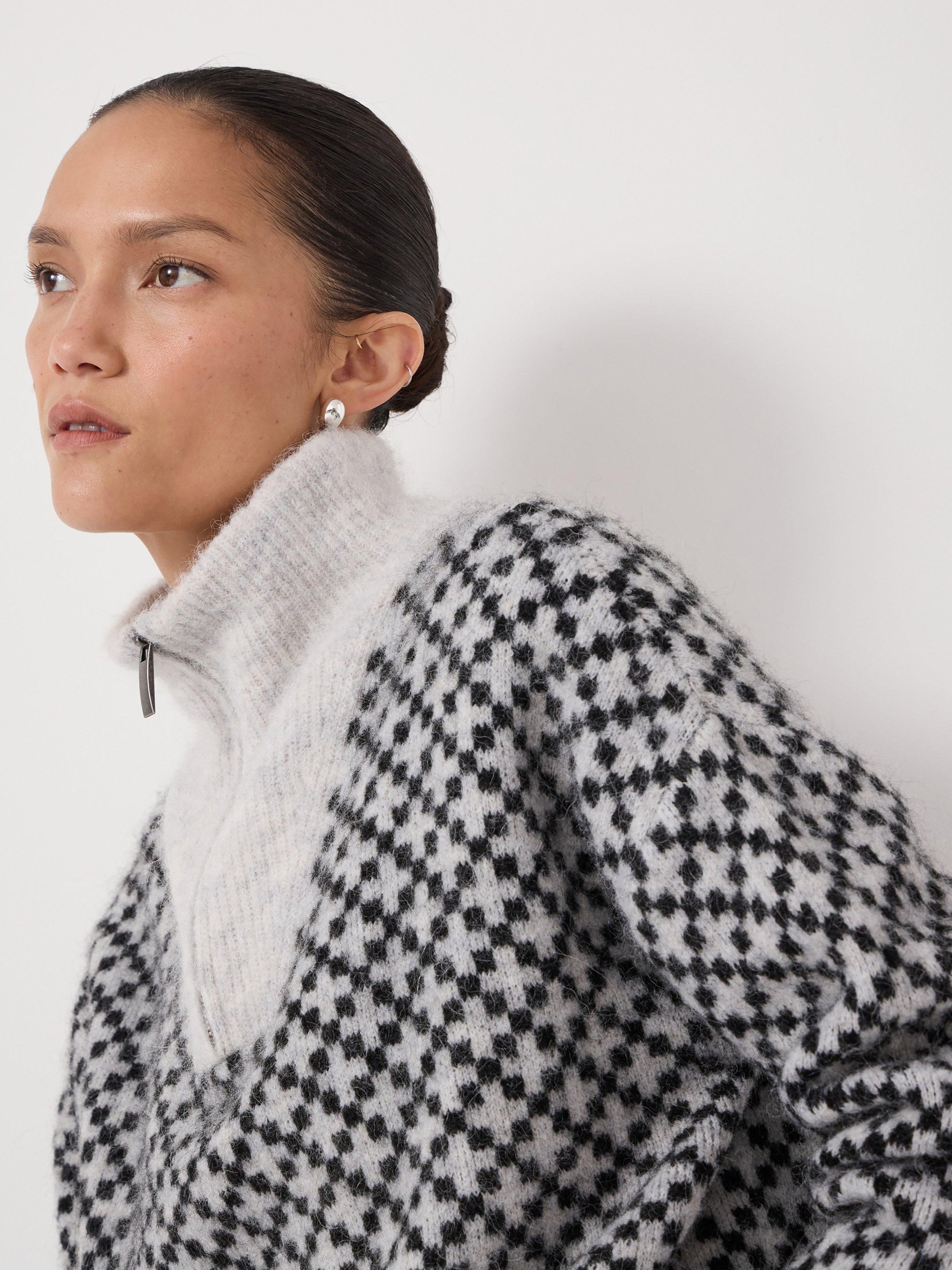 Product image 6 of 6, which shows HUSH Juno Quarter Zip Mono Wool Jacquard Jumper, Light Grey Marl, L-XL