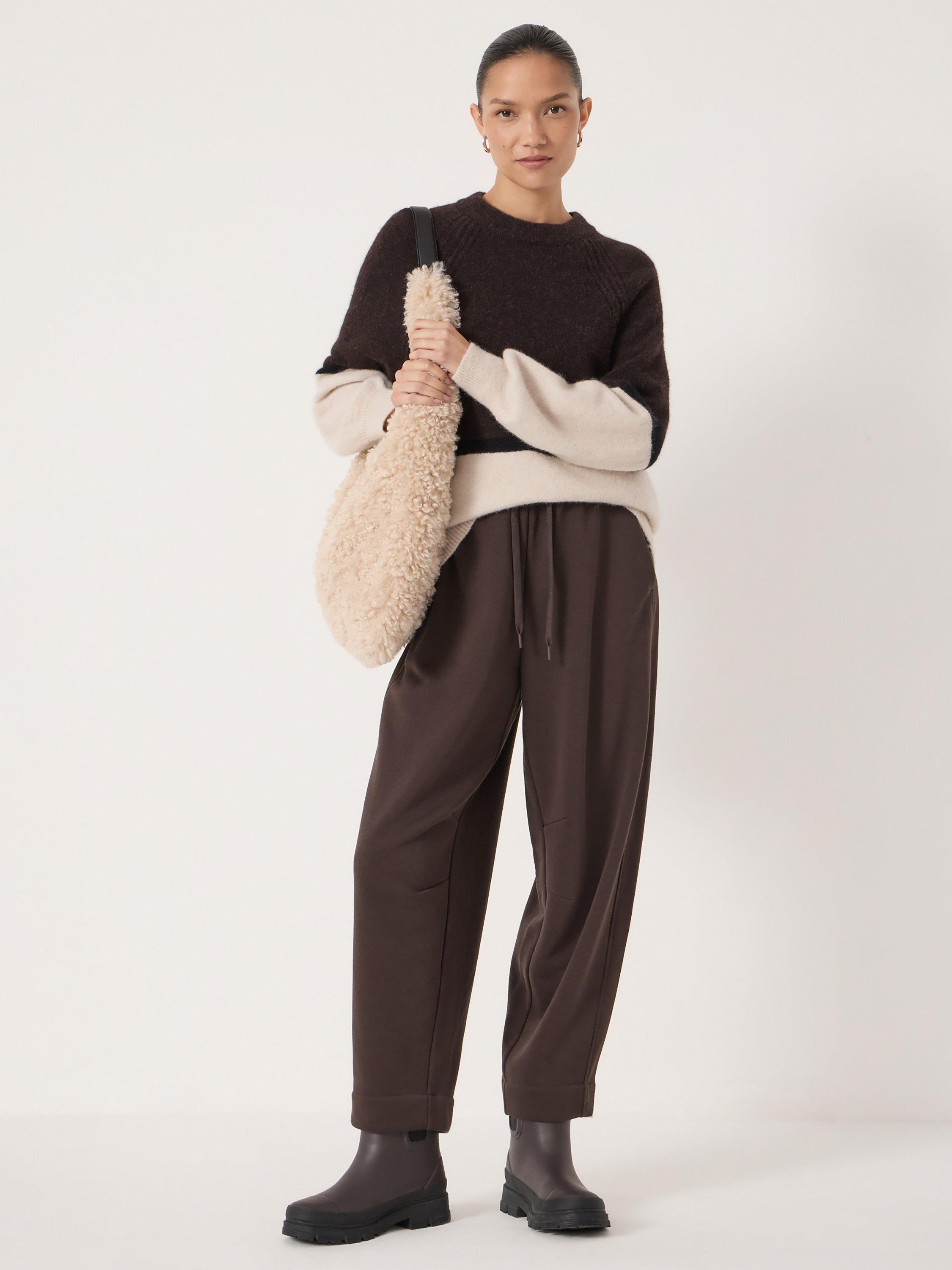 Product image 1 of 5, which shows HUSH Raye Colour Block Wool Rich Jumper, Dark Brown/Cream, L-XL
