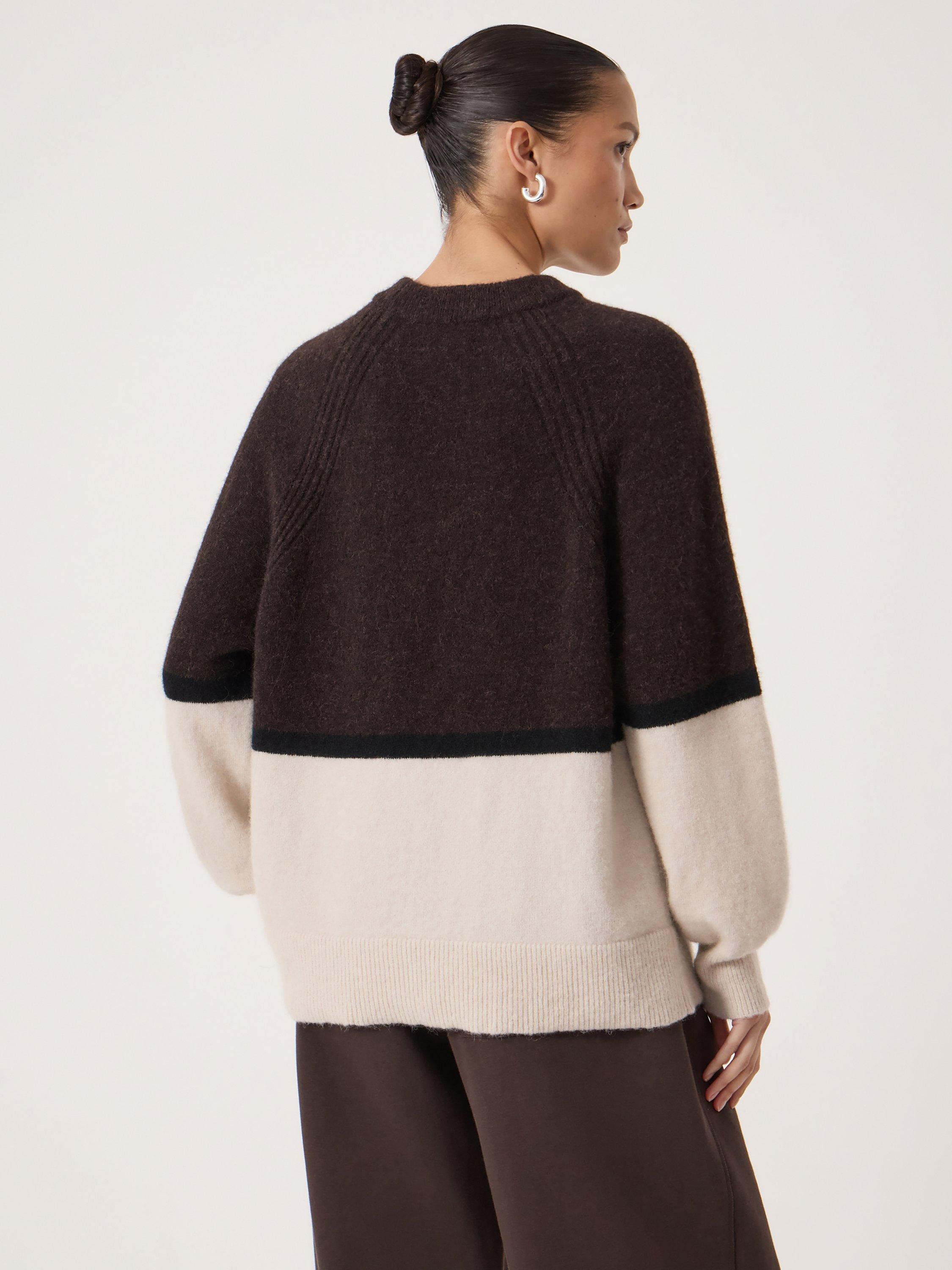 Product image 2 of 5, which shows HUSH Raye Colour Block Wool Rich Jumper, Dark Brown/Cream, L-XL