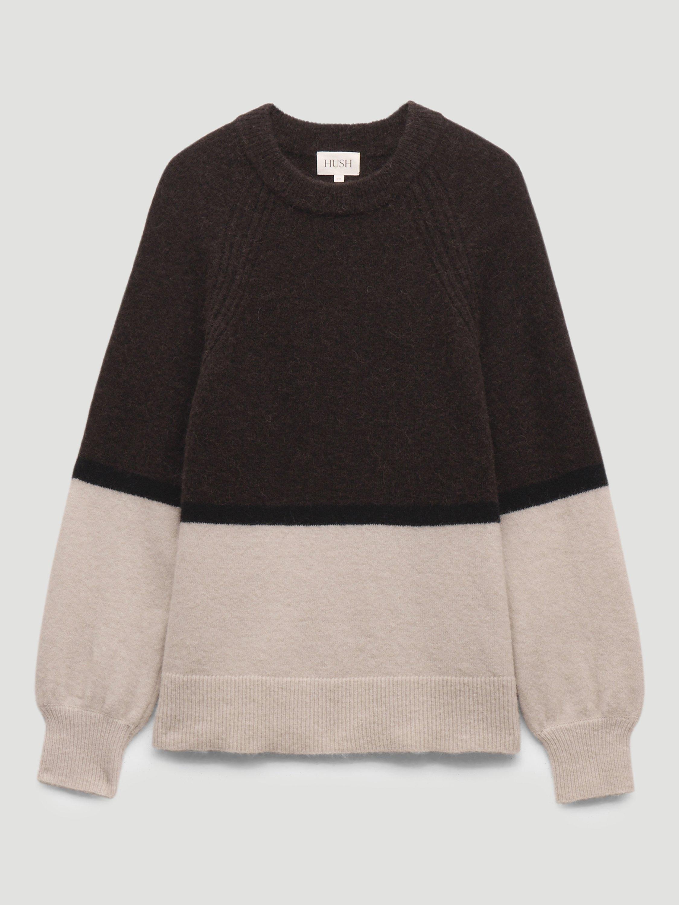 Product image 4 of 5, which shows HUSH Raye Colour Block Wool Rich Jumper, Dark Brown/Cream, L-XL