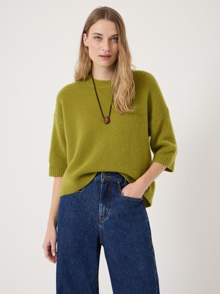 HUSH Chunky Short Sleeve Pure Cashmere Top, Red, Green Olive