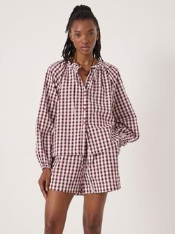 HUSH Elsa Gathered Gingham Beach Shirt, Maroon Red/White, Maroon Red/White