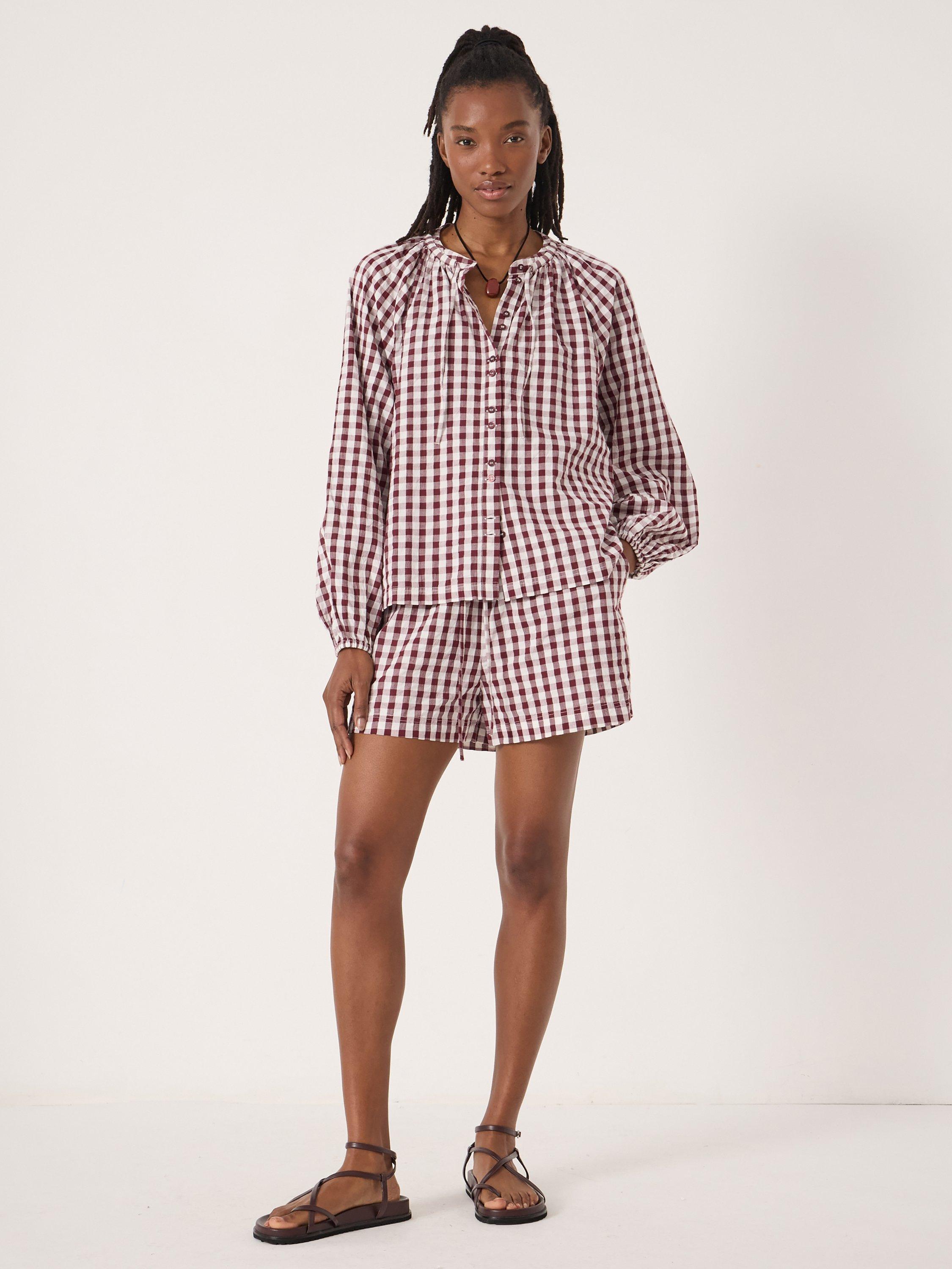 Product image 3 of 5, which shows HUSH Elsa Gathered Gingham Beach Shirt, Maroon Red/White, L-XL