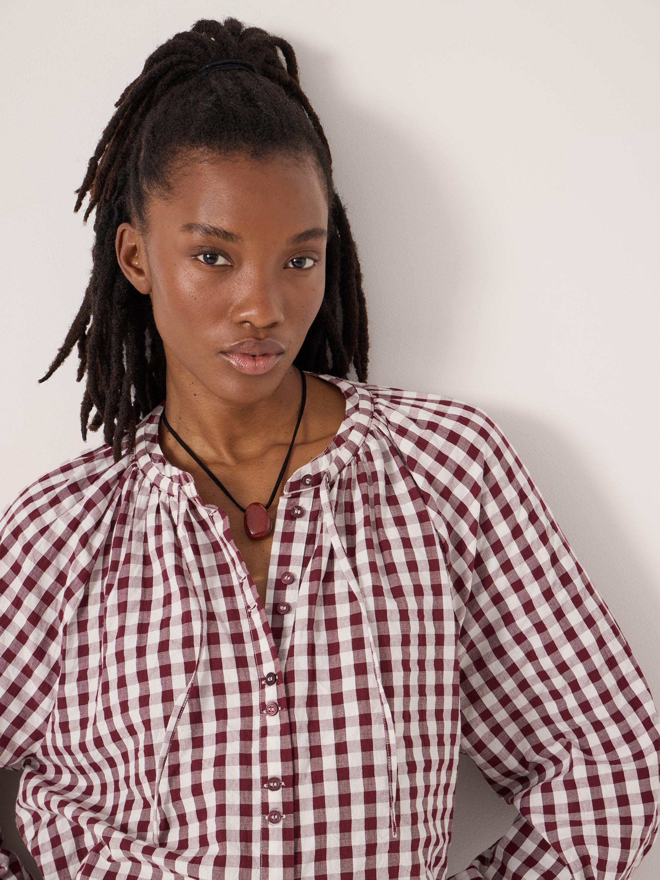 Product image 5 of 5, which shows HUSH Elsa Gathered Gingham Beach Shirt, Maroon Red/White, L-XL