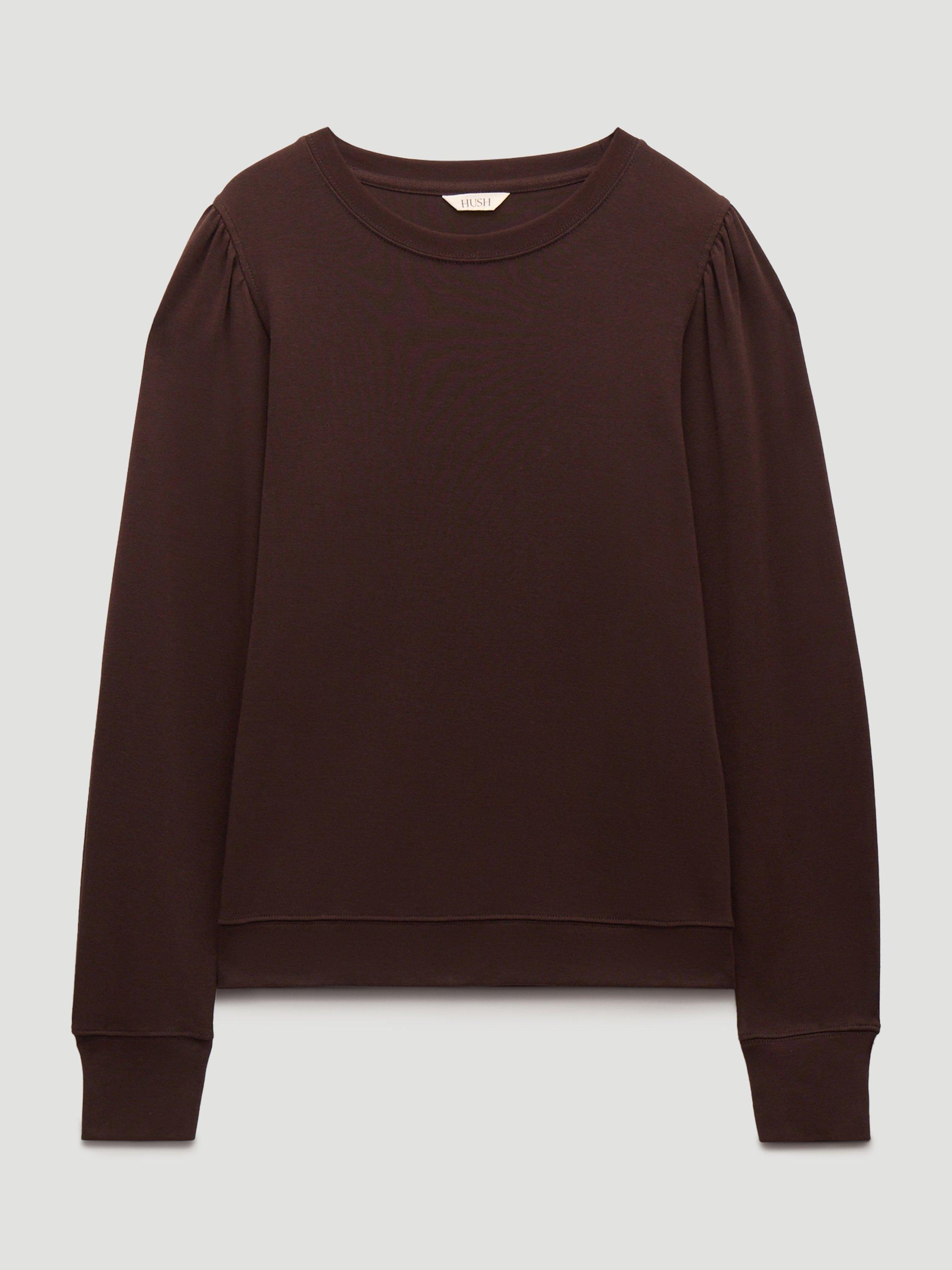 Product image 1 of 1, which shows HUSH Emily Puff Sleeve Jersey Top, Dark Brown, XS-S