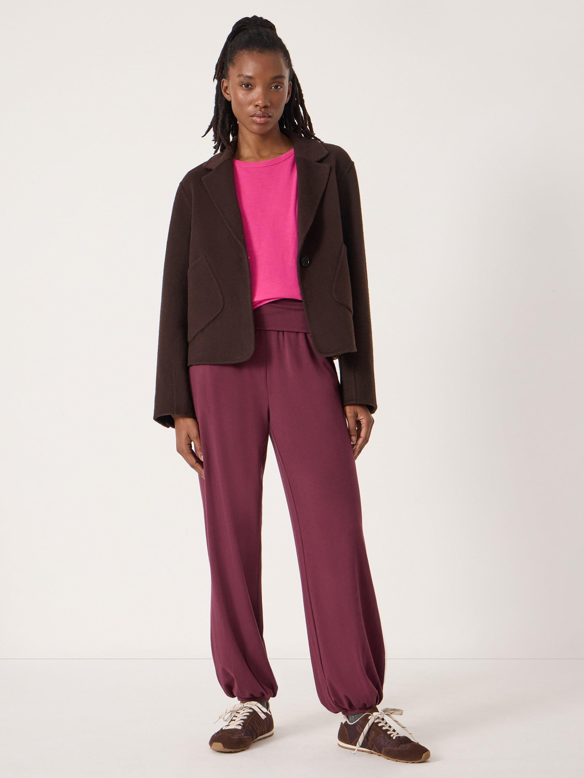 Product image 2 of 5, which shows HUSH Amelia Bubble Hem Trousers, Wine Red, XS-S