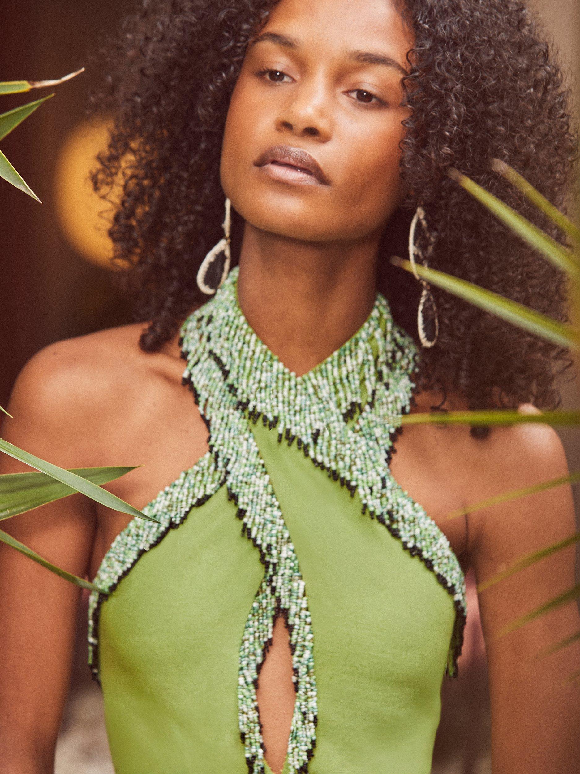 Product image 2 of 6, which shows Ro&Zo Beaded Halter Neck Maxi Dress, Green, 6