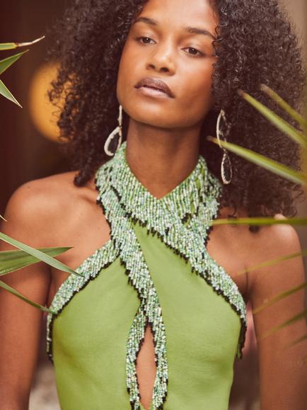 Ro&Zo Beaded Halter Neck Maxi Dress, Green - view 2, Green
