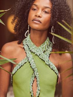 Ro&Zo Petite Bead Fringe Halterneck Dress, Green - view 2, Green