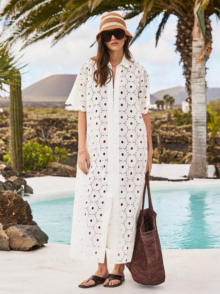 Ro&Zo Petite Broderie Scallop Shirt Dress, Natural, Natural