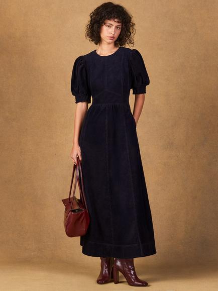 Ro&Zo Petite Puff Sleeve Corduroy Midi Dress, Blue, Blue