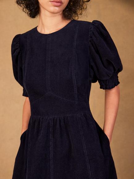 Ro&Zo Petite Puff Sleeve Corduroy Midi Dress, Blue - view 2, Blue