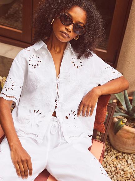 Ro&Zo Broderie Tie Front Shirt, White, White