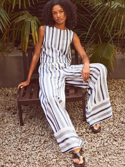 Ro&Zo Cotton with Linen Striped Trousers, Blue, Blue