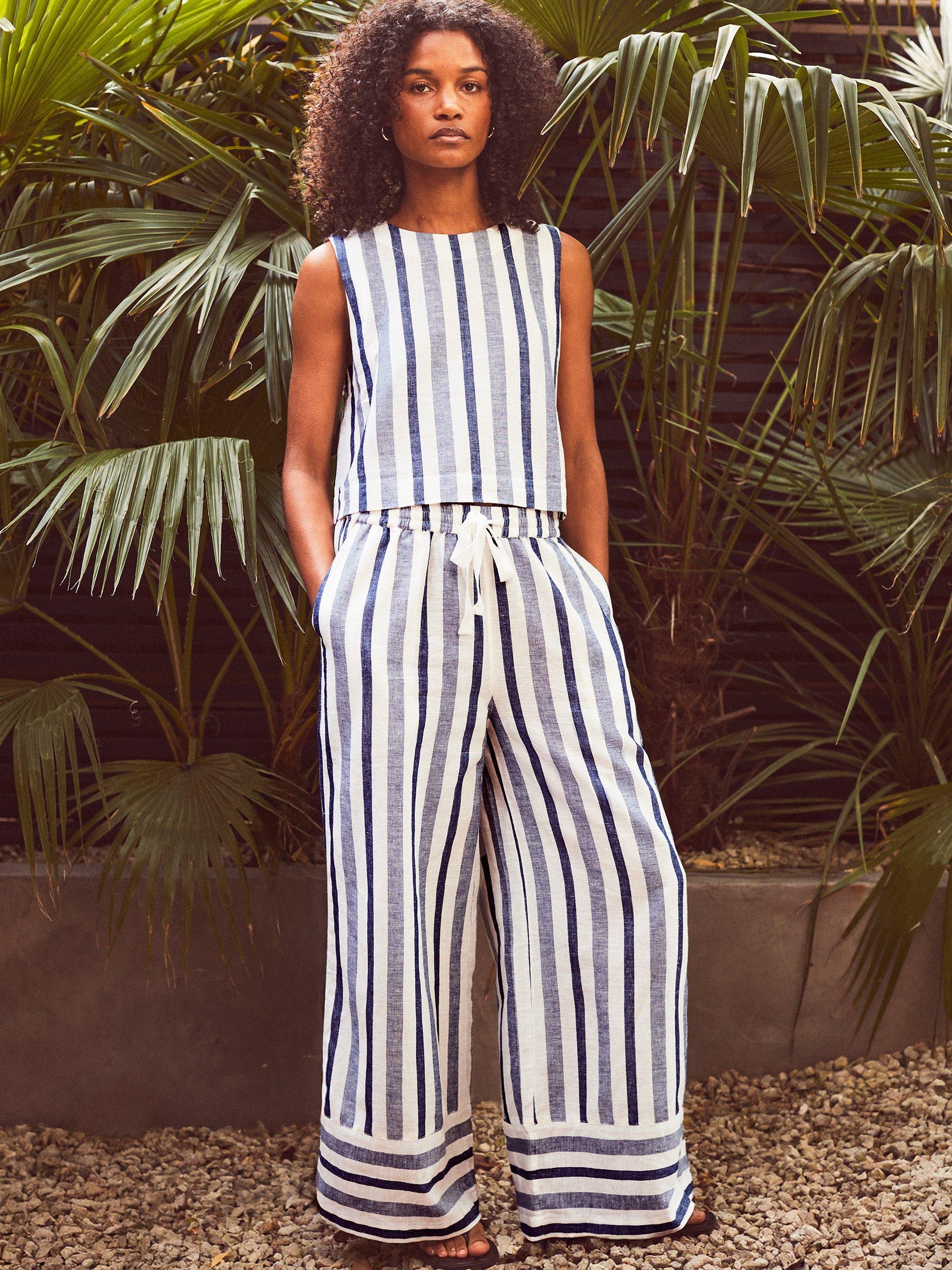 Product image 2 of 5, which shows Ro&Zo Petite Stripe Wide Leg Trousers, Blue, 6Pt