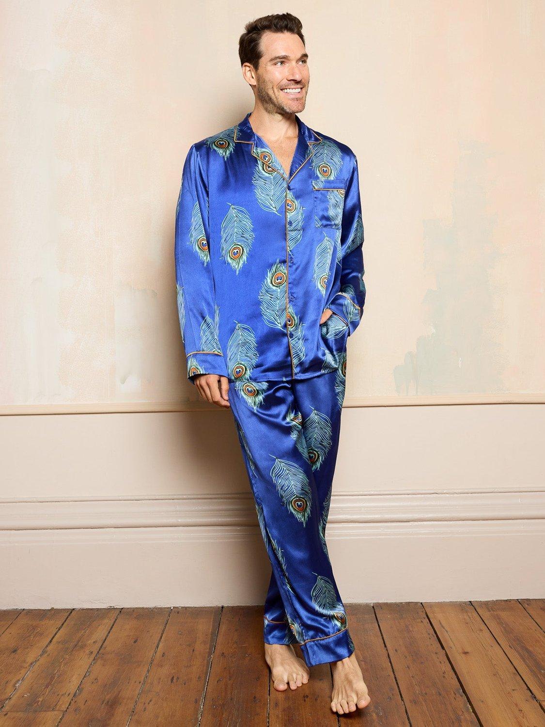 Product image 1 of 1, which shows Their Nibs Satin Traditional Peacock Feather Pyjama Set, Navy/Multi, XXXL